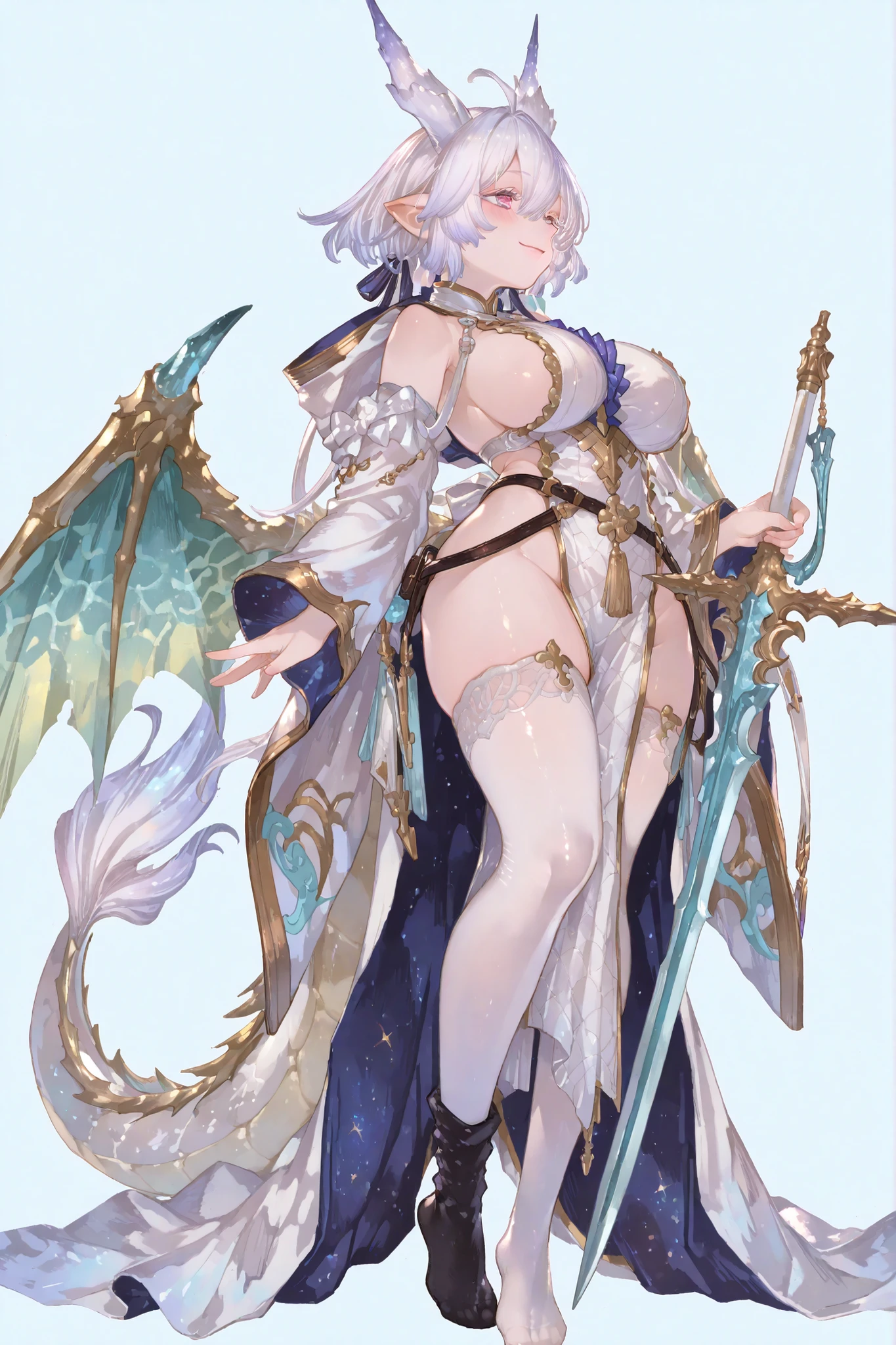 8k wallpaper、 close up top quality 、masterpiece、 748cm スThailandル 、 woman 1 person 、ribbon 、 pantyhose、 black knee socks 、 strap 、 Thailand、 skirt、 pantyhose、、 white hair with blue lines、pink albino eyelashes 、 long hair、 Underbob 、blue eyes with pink pupils、 Pretty pink Eyes、 wide hips、Protruding thighs 、 very big breasts 、 Light blue background 、fullbody, head to toe, simple background、smile、 side profile pose, high detail, standing up, making a cute pose with her hands, pointy ears, blush on her cheeks, cute Wamdus dress with alot of detail, chinese dragon red horn, fullbody, head to toe, showing feet, granblue fantasy wamdus, pelvic curtain dress, sidboob dress, back mermaid tail dress, detailed design, #Anime, #Character Wamdus, #Game Character, #granblue fantasy, gbfwam, short hair, animal ears, ahoge, blue eyes, + +, pink flower-shaped pupils, wamdef, white dress, bare shoulders, sleeveless, waist bow, open coat, gold trim, detached sleeves, wide sleeves, pelvic curtain, white thighhighs with patterns, dress with patterns., holding a sword, long slim model legs and body, milf girl, very long back side tail of the dress with alot of layers of fabric, (Solo), (portrait), (Pastel colours), (Vivid colours), heavenly dragon goddess girl, very big breast, white big chinese dragon horns with white-gold patters, big dragon wings with white-gold patters, big dragon tail with white-gold patters, white hair, very long thick hair, green-blue gradient gilded dragon eyes, white albino eyelashes, white luxury sexy priestess robe with hood, white beautiful lace stockings, fulbody, mage robe, standing up, head to toe, bare feet, detailed eyes, pelvic curtain dress, boob curtain, pastel colors, shiny skin.
