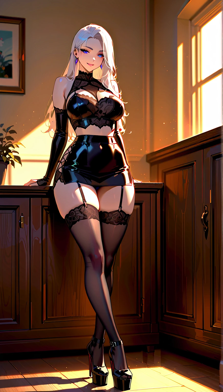 (best quality). (Ultra Detalhado). (1girl), Olhando para o Viewer. (Antecedentes detalhados). belos olhos detalhados. rosto delicado e bonito. (high saturation), seios grandes, droopy breasts, (((black stockings))), (((heels))), (((gigantic breasts))), (((black latex lingerie))), (((breasts Focus))), (((breasts facing the viewer)))