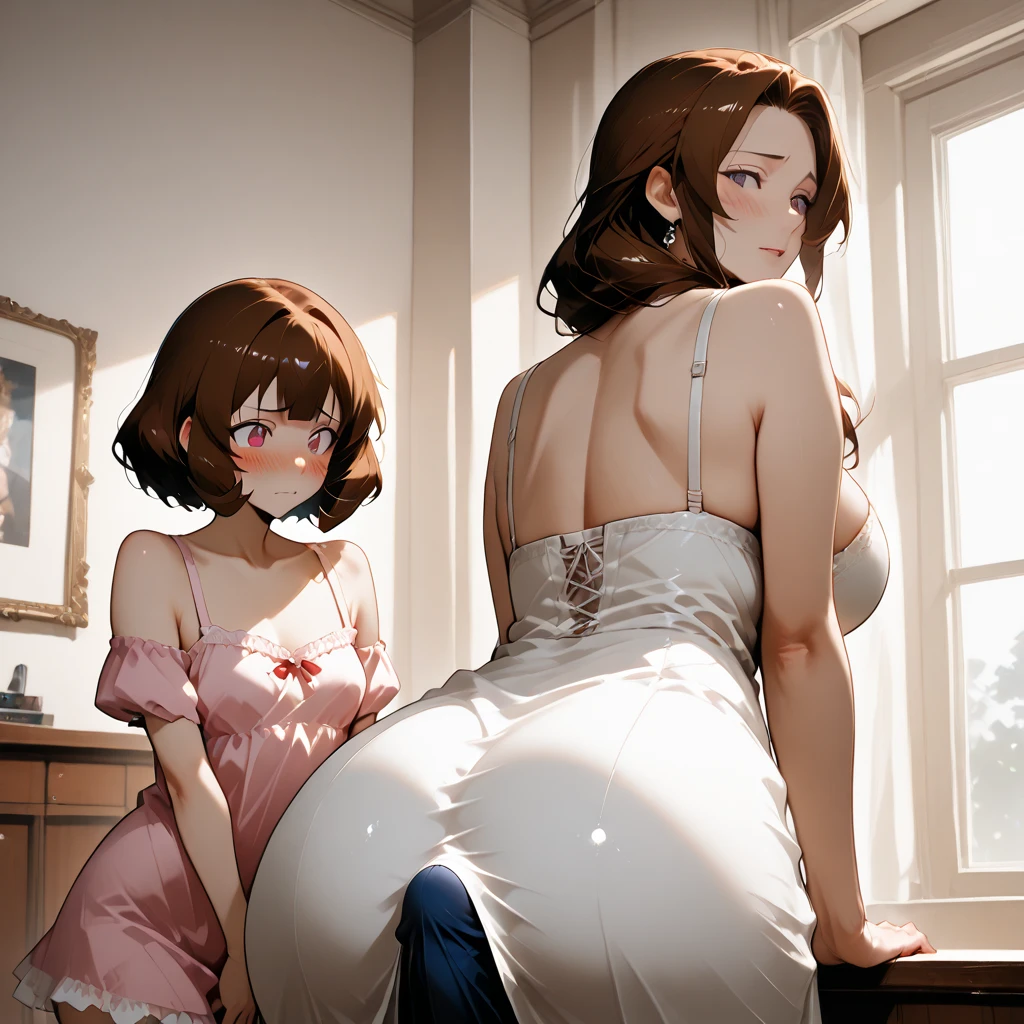 (top-quality,High resolution,(Ultra high definition,4K), (超A high resolution,in 8K),masutepiece:1.2), (Perfect Anatomy,Anatomically accurate), (Angle from below), (Soft lighting, rendered), ((very beautiful goddess mother and daughter)), ((detailed goddess)), (((party dress))), ((Beautiful view from the lounge of a luxury hotel)), (Goddess mother and daughter arm in arm), (from the rear, Look back:1.2), (fascinated expression), (extremely detailed and beautiful face), (Crisp double eyelids), (Large breasts:1.3), (Soft skin), (Photorealistic), (shinny skin), (pinkhair), (Pixie Cut)