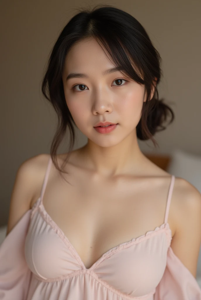 (cleavage), (1girl), beautiful breasts, 18yo, sweet girl, cute idol, bob hair, Cheerful, gentle, soothing, beautiful girl with beautiful details, (shiny pink lips:1.3), extremely detailed eye and face, glossy lips, (See-through lace costume with cute details and wide open breasts), Bare shoulders, (Bare chest, areola:1.35), Realistic, extremely detailed CG unified 8k wallpaper, ighly detailed, High-definition raw color photos, professional photograpy, Realistic portrait, Cinematic Light, Beautiful detailed, (Realistic skin:1.2), (Best Quality:1.4), Super Detail, High quality, Indoor, depth of fields,