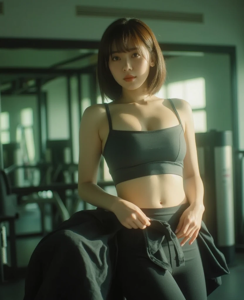 best quality, 8k, highly detailed face and skin texture, high resolution, huge booty short hair japanese girl in sports bra and yoga pants at gym, looking at viewer, full body, back view, sharp focus