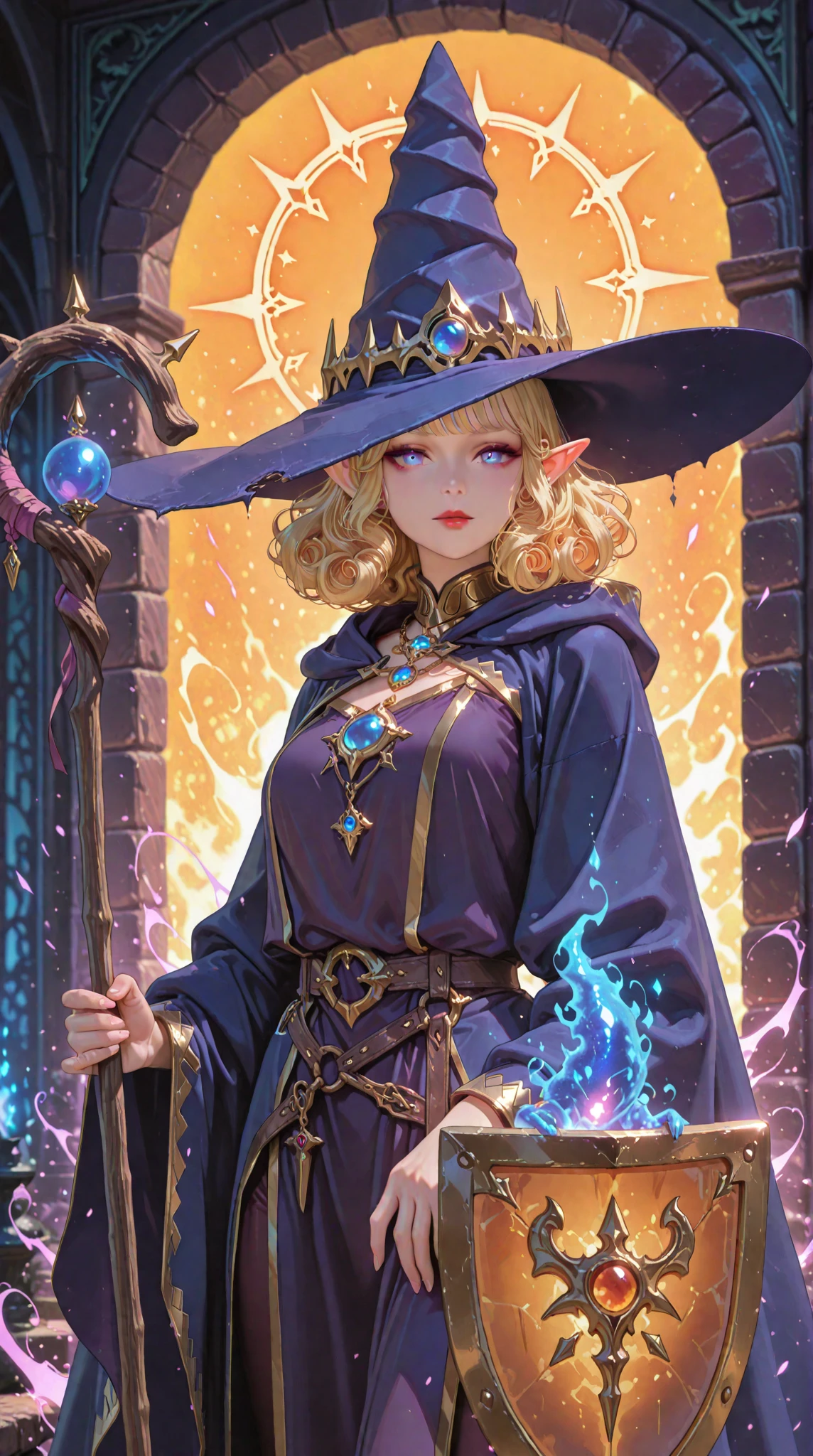 Please follow the all prompts below exactly and faithfully, This is a breathtaking masterpiece of digital illustration, with maximum resolution, UHD, 512K, 2160p, 10 million ppi, 300 million dpi, natural color tones, ultra sharp details, perfect outlines with contrast, ((smooth, soft and clearly and most realistic skin and hair texture)), most beautiful detailed eye features, perfect anatomically correct human body, beautiful background with depth, rule of thirds, depth of field, Maximize all element is used to its full potential to create the best digital illustrations, 1woman, sexy, 25years old, beautiful face sharp, elegant woman, Ultimate perfect body style, beautiful beautiful big breasts, Maximize upturned breasts, green eyes, shiny blonde hair, short hair, bob cut, (eyes visible through hair:1.3), glossy very thick lips, pink lipstick, smile:1.5, witch costume, mini skirt, holding a staff, wearing a wide-brimmed hat, incorporating purple, vibrant colors, dynamic, in a dungeon, lace details, velvet texture, thigh-high stockings, ornate belt, mystical charms, glowing amulet, enchanted cloak, shimmering veil, intricate lacework, magical glow, sparkling tiara, silver embroidery, arcane grimoire, dragon-touched focus, elven chain, enduring spellbook, hat of wizardry, professor orb, robe of the archmagi, rod of absorption, staff of the magi, Embroidered details, flowing capes, tall boots, mystical symbols, glowing runes, magical accessories, sparkling gemstones, intricate patterns, magical auras, shimmering fabrics, elegant gloves, silver accents,