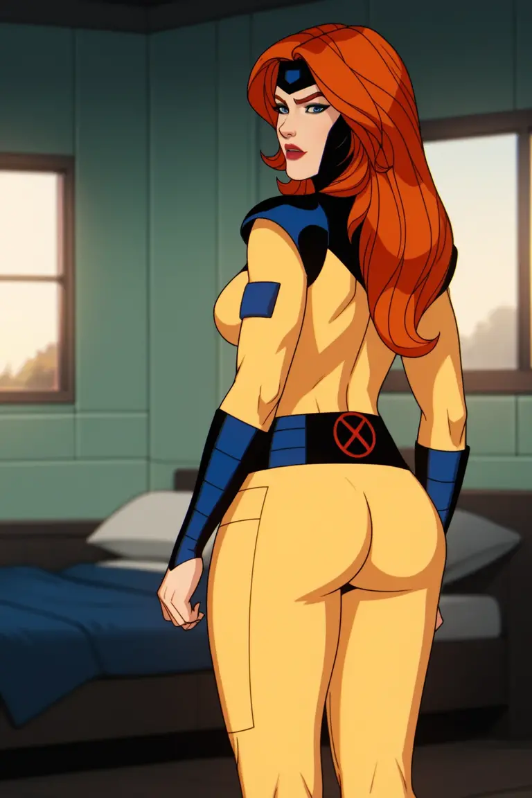 1girl, adult batgirl, orange hair, fit ass, petite, tiny waist, no panties, narrow hips, pale skin, D4rC0m, pov, on all fours, looking back at viewer, seductive look