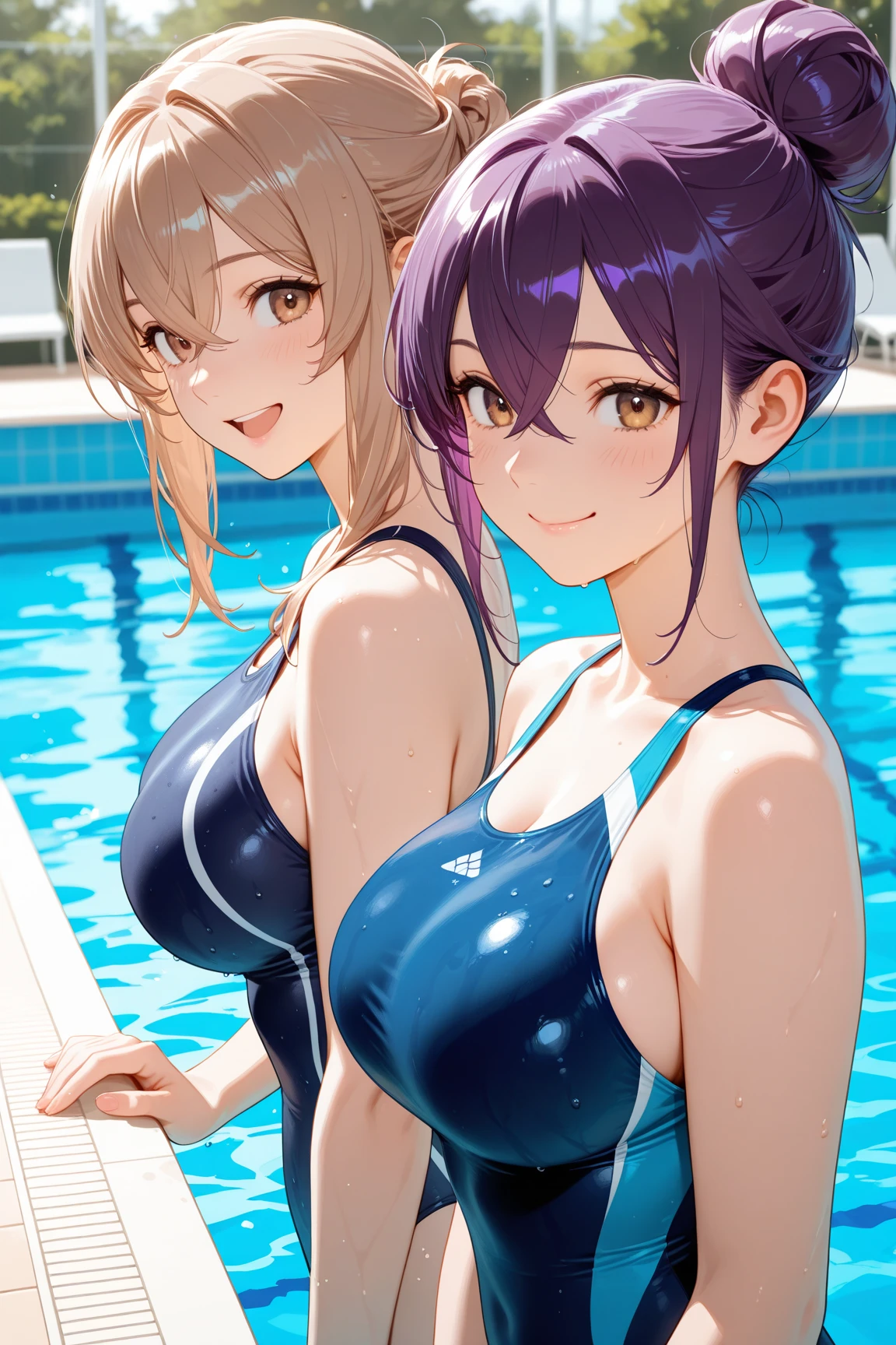 best picture quality, 8K, high quality, masterpiece:1.2), ((masterpiece)), (high detail, high quality, best picture quality), glasses, Portrait, open stance, (cute illustration:1.2), poolside, (multiple girls with various hair color and style:1.2), day light, beautiful light, professional lighting, (medium breast), (one piece turtle neck bright color competition swimsuit,), (idolmaster), cute round face girl, sexy, dynamic posing, exciting mood, smiling, dynamic angle