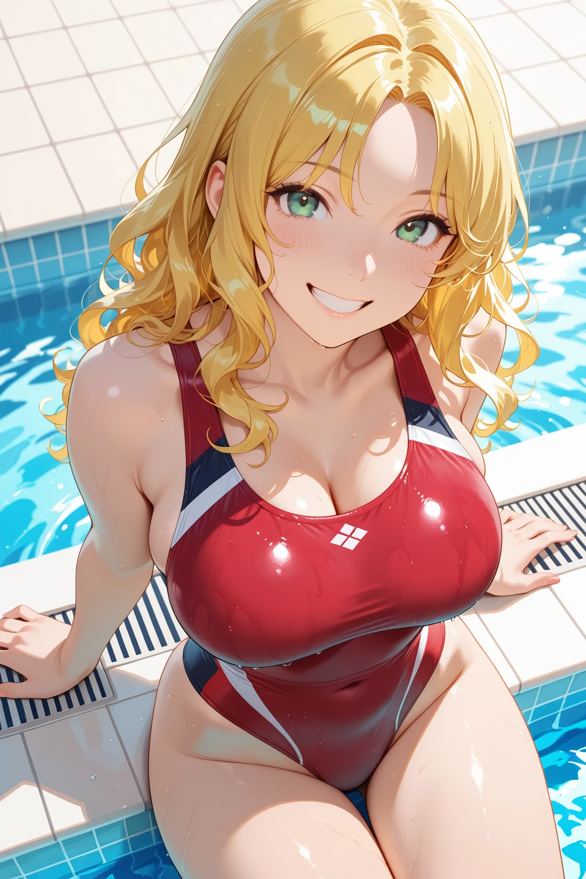 (best quality,4K,8k,high resolution,masterpiece:1.2),super detailed,(actual,realistically,realistically:1.37), Ultra high definition face, A girl wearing a red bikini in a hot tub on a cruise ship, wet swimsuit, Blonde braided head, Tik, large breasts, large , huge breast, biggest breast, Thin waist and thick hips, hourglass figure, fitness model, rosy cheeks, dripping with sweat, Soaked all over, Alluring with a smile