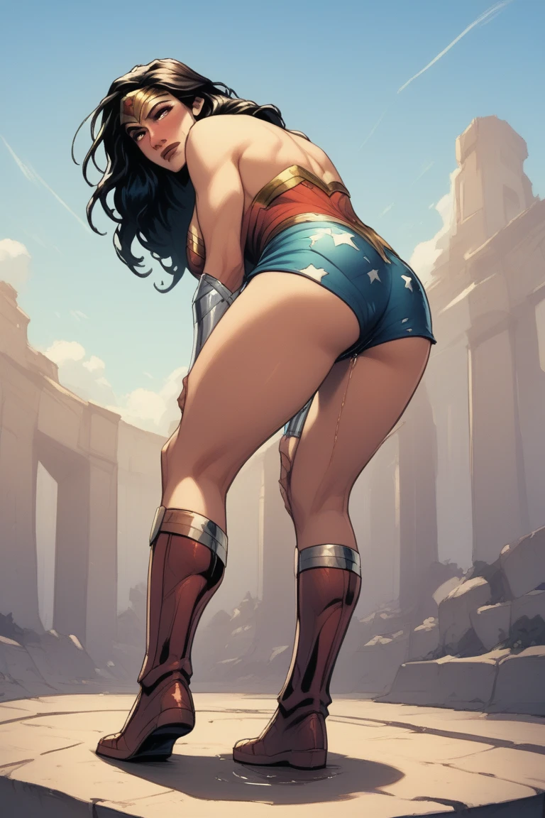 (masterpiece:1.3), (8K, Realistic, RAW Photos, Highest quality: 1.4), ((One Woman)), ((GAL GADOT, WONDER WOMAN)), Beautiful Face, (Realistic Face), Beautiful hairstyle, Realistic eyes, Beautiful details, (Realistic Skin), Beautiful Skin, Absurd, charm, Ultra-high resolution, Ultra-realistic, Very detailed, Golden Ratio, (Best Shadow), Cinematic, (Complex:1.4), (Accurate hand and finger depiction), ((Frowning, Eyes closed)), (Sweat), Flushed, Voluptuous body, NSFW ((She is sitting in ruins with her legs wide open and masturbating)), ((masturbation:1.1)), ((Not wearing underwear)), ((Open the labia with your fingers)), ((real vagina)), BREAK ((Greek temple ruins)), (steam:1.2), (cowboy shot)