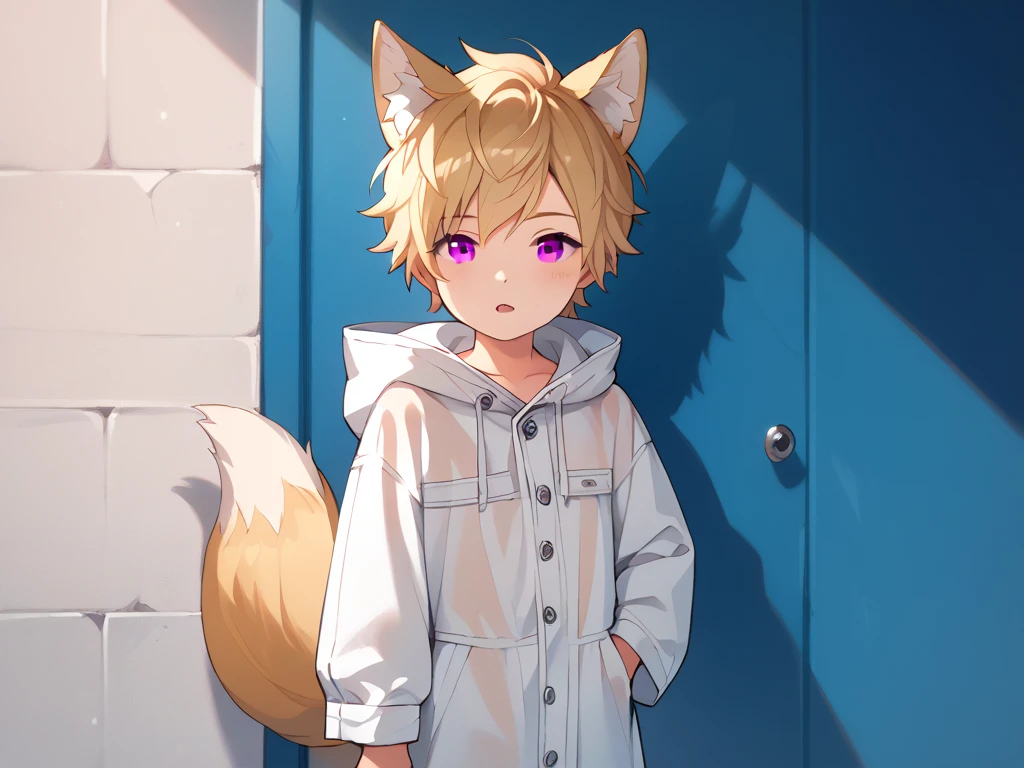 Male, man, male child, fox ears, fox tails, adorable, sad, dark sky, big eye, very cute, Americana art style,