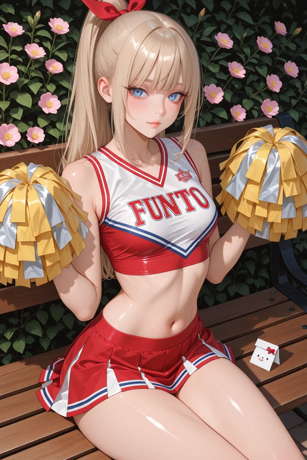 ram invader, detailed breasts, anime dick, (cheerleader: 1.2), （white panties:1.4）,muste piece, best quality, open mouth, tooth, ultra-detailed breasts, Yellow eyes, cute eyes, detailed face, a cute girl, big chest, red face, (wet with water: 1.2), Generally poor breasts, areola slip, (Position where panties are visible:1.5), (beautiful breasts: 1.2), (with a bright light source: 1.2), (heart shaped pupils opening their clothes: 1.5)