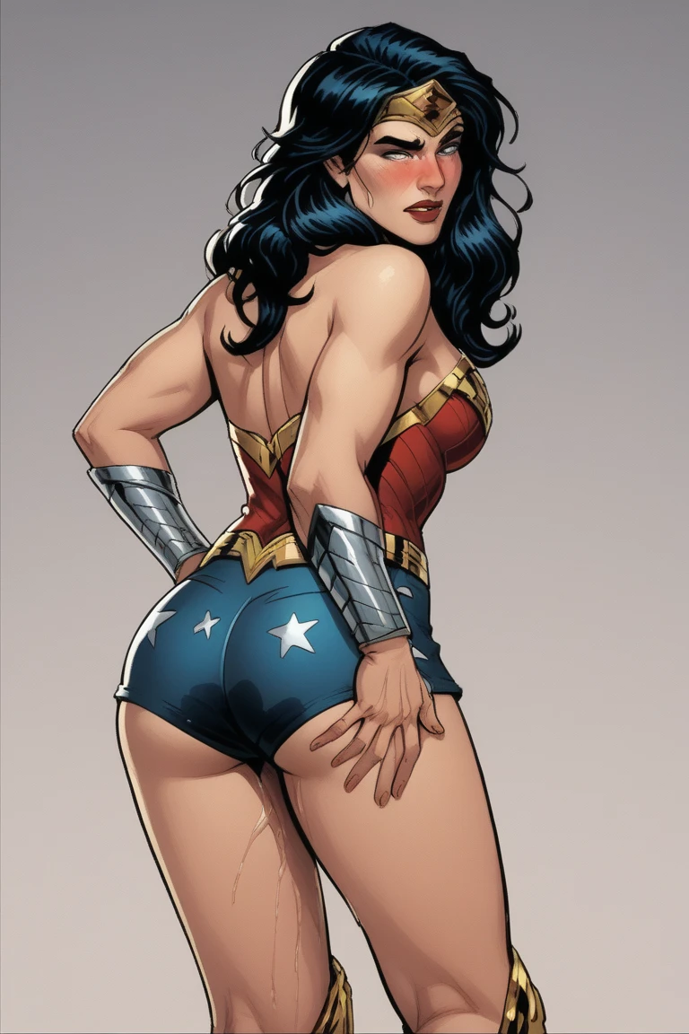 score_9, score_8_up, score_7_up, BREAK, score_9, Diana, 1girl, long hair, tiara, blue eyes, leotard, star (symbol),  bracers, black hair, medium hair, strapless, tiara, lipstick, blue eyes, ear piercing, medium full shot, ass, from behind, sky