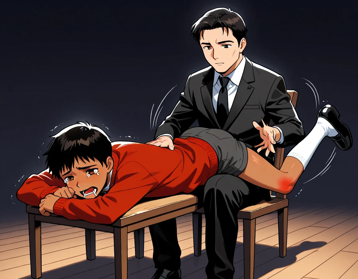score_9, score_8_wonderful, score_7_wonderful, sauce_anime ,The Ice Sword Mage will rule the world , Ray White,Male Focus,Black Hair,Part 1: , 1 male,Black trousers,School corridor,Red tie,blazer,Get on all fours and place your hands on the floor,Wear a collar with a leash,Semen in a dog's food bowl,penis,Flattery,audience,Bark