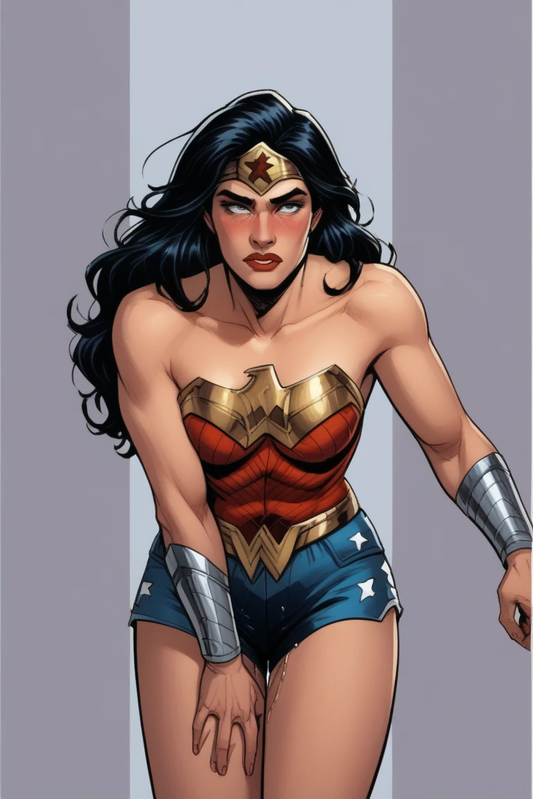 Realistic, Natural Beauty, Masterpiece, Hailee Steinfeld, Perfectly Accurate Face Proportion, Realistic Light Blue Eyes, Thick Eyebrows, Wonder Woman, Low-cut Top, Wonder Woman Tiara, Big Breast, Curve Wide Hips, Toned Thighs, Toned Arms, Grin On Her Face, 
Heroic Stance with Emphasis on Buttocks: From behind, Wonder Woman stands tall with her feet shoulder-width apart and her hands on her hips. The tight suit clings snugly to her figure, highlighting the shape of her buttocks and the curve of her hips. The detailed fit showcases her athletic build and confident posture.