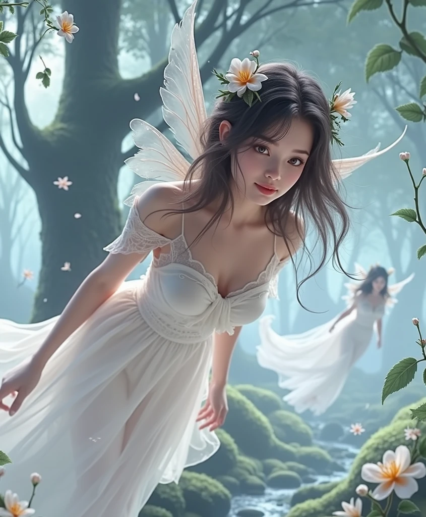 (((girl))，Big Breasts，Long skirt，Iridescent colors，(Flower Fairy)，(Rich colors)，spring，Arthur effect, Transparent body, Gradient translucent glass melt, Caustics, Clear glass texture, Iridescent colors, design：Dietrams, Simple, Shining in every detail, White background, 工業design, Studio Lighting, c4d, OC Renderer, Beautiful shadows, 4K