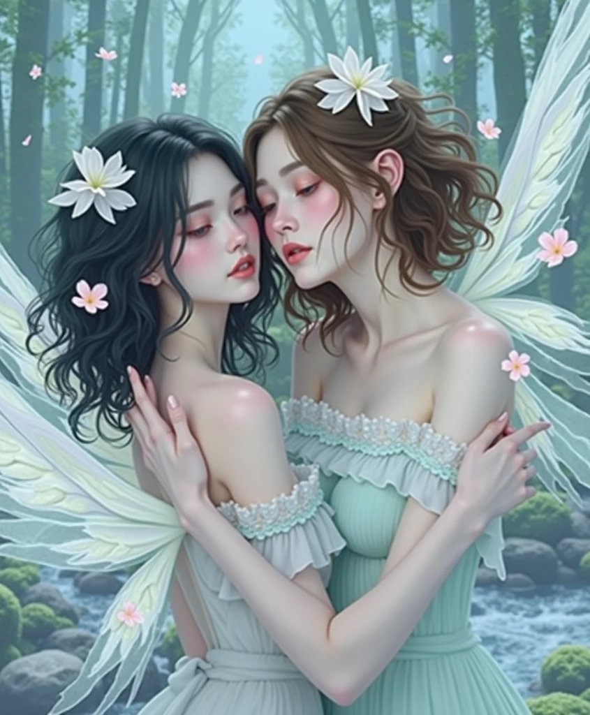 concept-art、(A super beautiful fairy that guides you in nature)、Super beautiful face、Seductive look、elegant see-through dress、silber hair、Smooth hair、Clear skin、seductive lips、Gentle smile、unclear、Mystical depiction、perfect-composition、Masterpiece、4K
