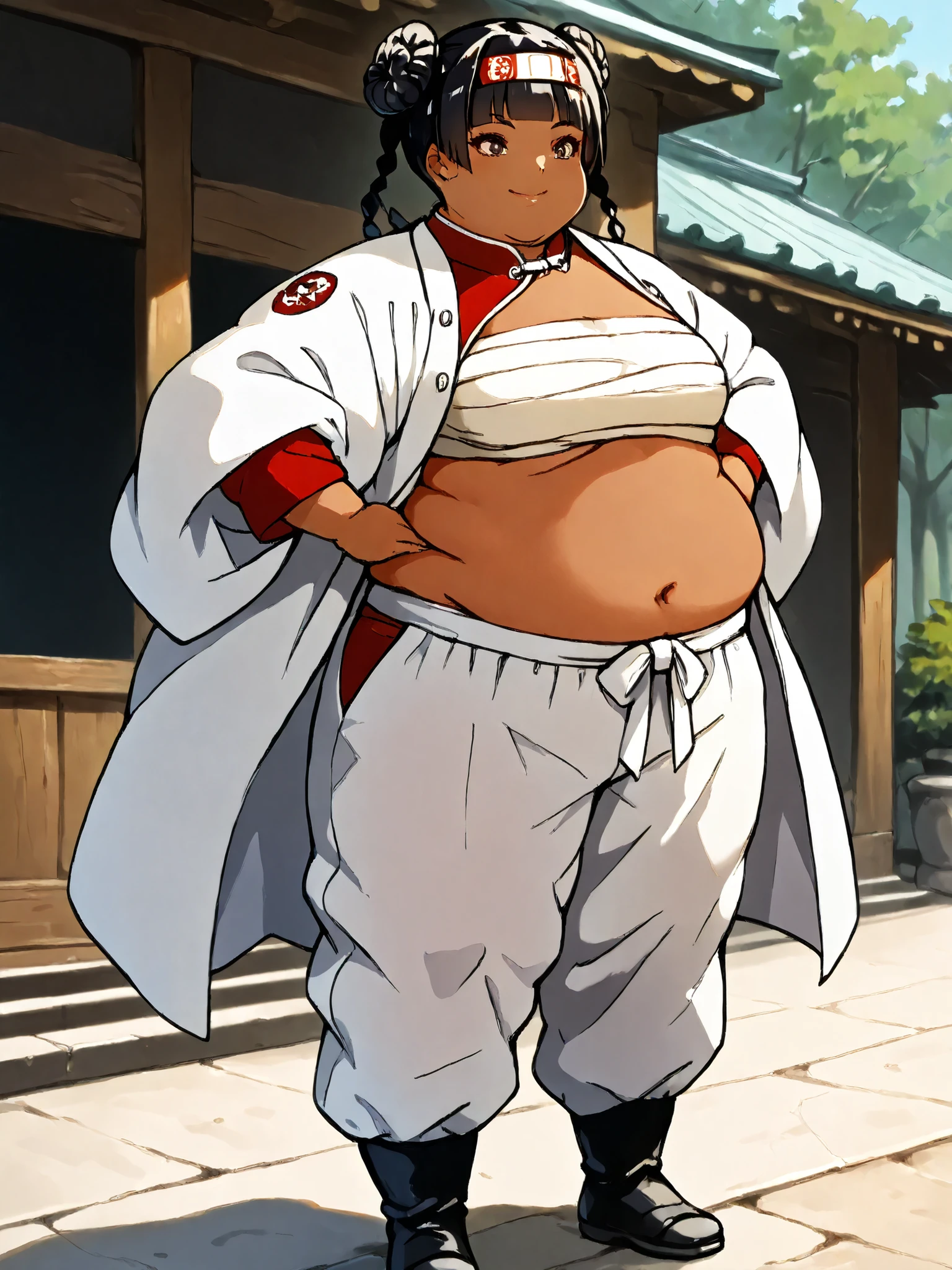 masterpiece, best quality, score_9, score_8_up, score_7_up, score_6_up, outdoors, 1girl, haylin, long hair, hime cut, twin braids, double bun, bangs, parted bangs, twin tails, black hair, brown eyes, dark skin, female focus, solo, white jacket, white pants, headband, short hair, smile, black footwear, coat, crop top, midriff sarashi, sarashi, full body