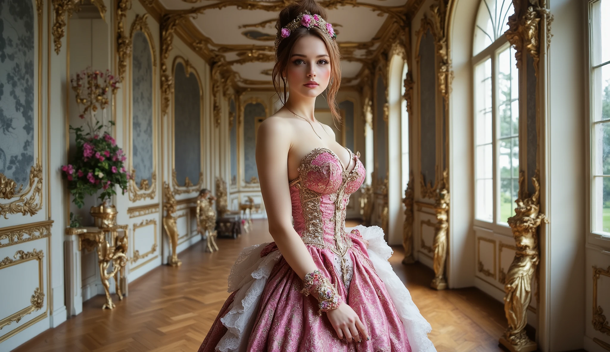 beautiful model walking the corridors of the Palace of Versailles with hair tied with a bun and loose fiddles on her face, the model is wearing a long party dress with a voal cape and long gloves, Queen's headband, Luxurious color designer dress ,(((in a corridor with windows on the left side inside the castle of Versailles with lots of colorful flowers in the background of the scenery and very luxurious period furniture, candelabros, velas, gold artifacts and stunning decor))), The model wears high heels, brincos, olhos maquiados, braceletes, colar, windows on the left side of the room where rays of the summer morning sun shine