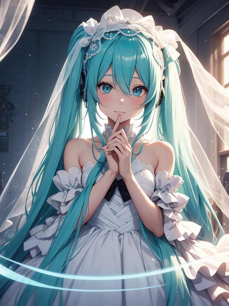 uma garota, cabelo azul claro, Cabelo estilo Hatsune Miku, olhos azuis, 20 s de idade, Em Berlim, cidade moderna, melhor qualidade, obra de arte, Seiandes, vestido de noiva branco longo, Bridal Veil, casamento