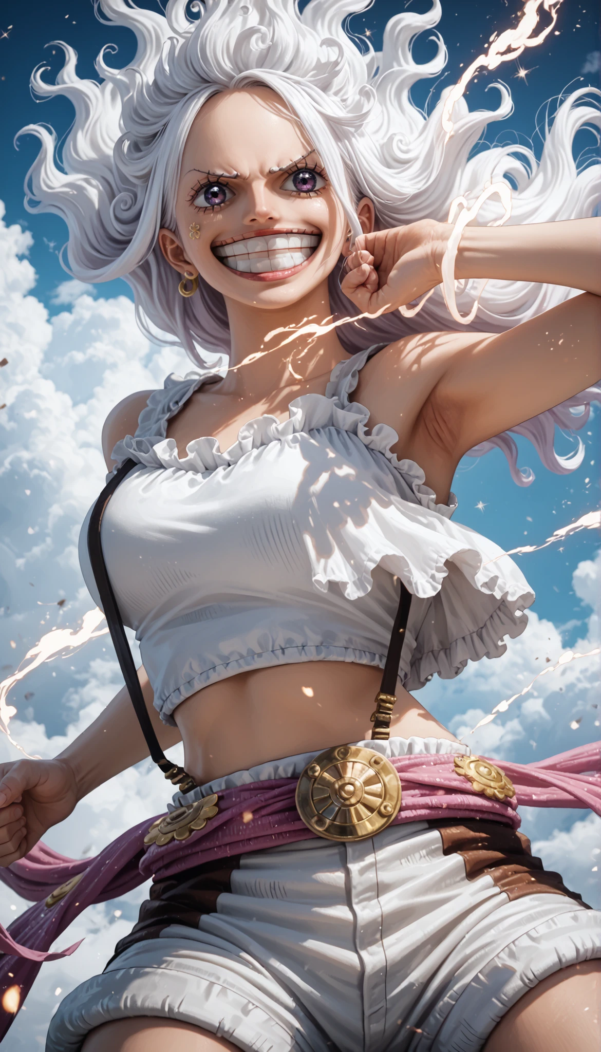 Jewelry Bonney from One Piece, transformed into a Gear Fifth-inspired form: voluminous, cloud-like white hair floating upwards with magical energy, a playful, divine expression, and a wide smile. She wears a tight white crop top and white shorts, with a purple sash tied around her waist. Her skin glows with a divine light, and gentle wisps of energy swirl around her limbs, mimicking cartoon physics. She holds out one hand in an exaggerated, dynamic pose, while her body floats lightly in the air, full of power and joy. The scene is sparkling with shimmering fog and sparkles in the background. Hyper-realistic photo-realistic rendering, detailed skin texture, realistic lighting, and natural anatomy. long hair, white hair