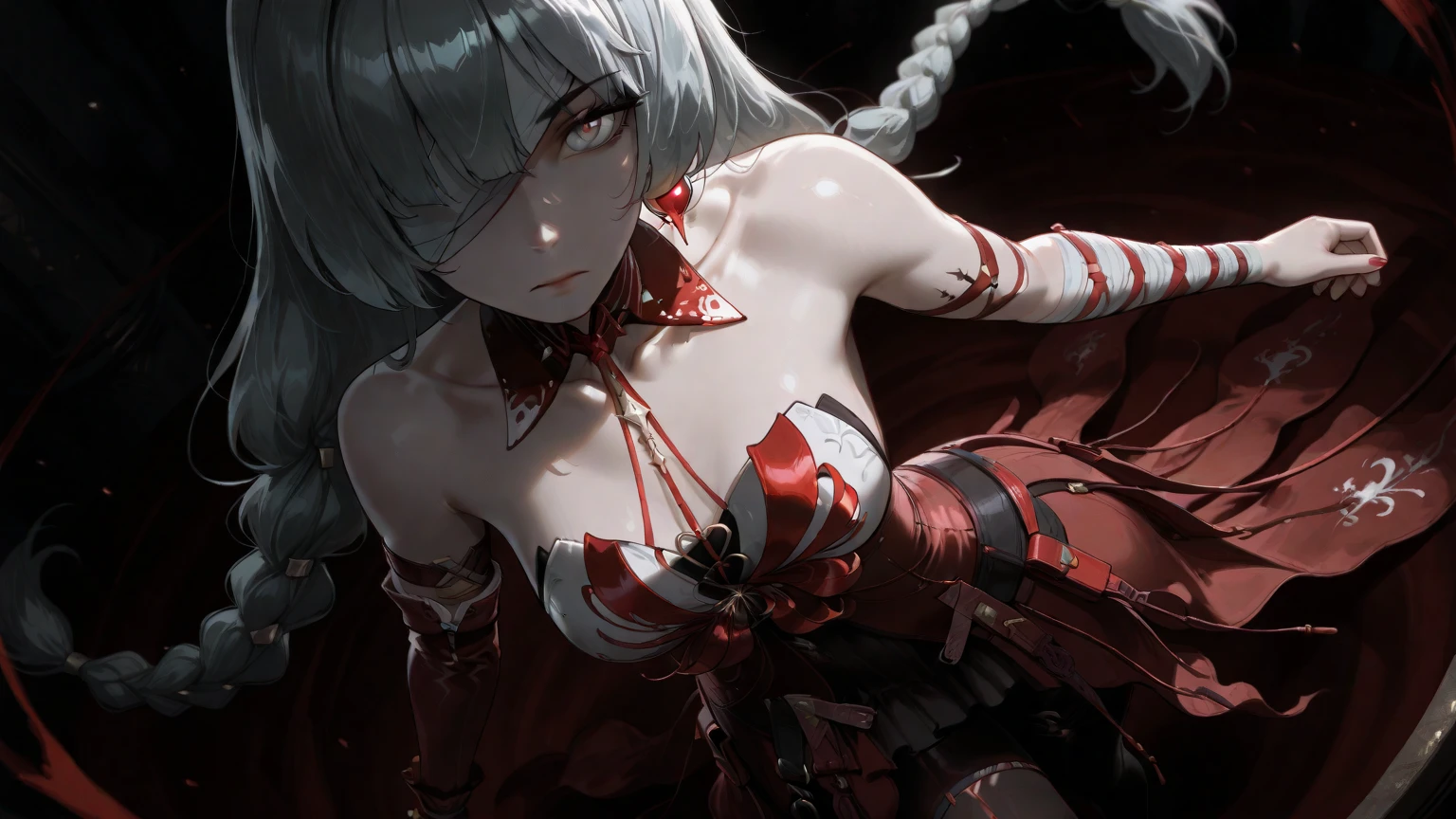 kamisato ayaka, 1girl,breast, floating hair,long hair,closed mouth, bare shoulders,black dess, black gloves, black hair, blood, blood on face, blood on clothes, fingerless gloves,gold earrings,hairband,jewelry,blood on knife ,knife,blood on weapon,looking at viewer, backlighting, light particles, rose, rose petals, rose print, ((masterpiece)), blood on hands, blood splashes yandre intent