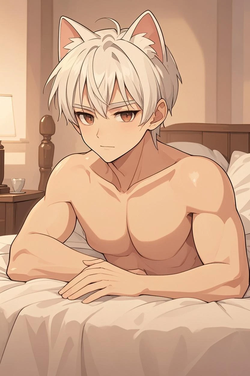 horny boy, male,Muscle tissue developed, very short gray hair, wolf ears,Wolf tail,blue eyes, White skin, physical education students,love , Muscle tissue,abdominal muscles,take off your pants, shy expression, sexly, Lying in bed,top view,Blushed,collar,Hands are tied,