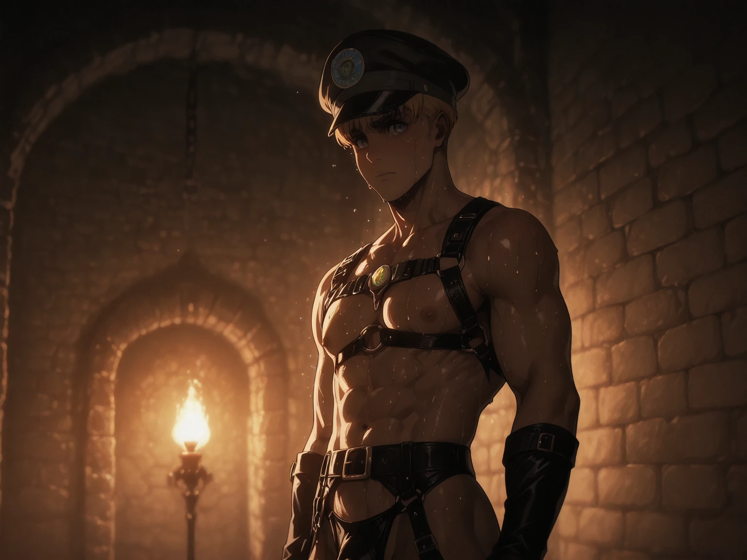 little skinny (effeminate) androgynous athletic Spartan soldier boy,short blond hair, very thin waist, ((arches his ass)), wearing sexy torn leather female armor, high waist thong, leather belt,((ripped loincloth)),perfect ass, holding his spear, ((full body shot)), (best quality,4k,8k,highres,masterpiece:1.2),ultra-detailed,(realistic,photorealistic,photo-realistic:1.37),chiaroscuro lighting,dramatic lighting,cute face, sharp, cinematic lighting,cinematic composition, ((in greek antiquity background)),NSFW,Crawling on all fours, Looking at the camera, Open mouth