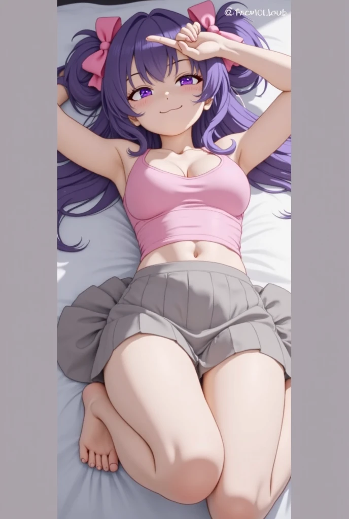 {{{NSFW}}},(masterpiece:1.2),(ultra quality:1.2),(ultra detailed:1.2),(ultra-high resolution:1.2),(very fine 8K CG wallpaper:1.2),Mejiro McQueen \(umamusume\),{1 girl,beautiful girl,cute,smile,kawaii, lovely,blushing,playful expression},sharp focus,oily skin,beautiful detailed hair,glossy hair,(wear school uniform:1.5),(lying on the bed:1.2),wear long school skirt,perfect two legs,(spread two legs:1.2),(show-off-white-panties:1.3),five fingers,big breaths,wear black pantyhose,beautiful detailed eyes,jewel like eyes,violet eyes, (two hands behind head:1.1),open mouth,armpits, solo,beautiful navel, looking at viewer,collarbone,earring