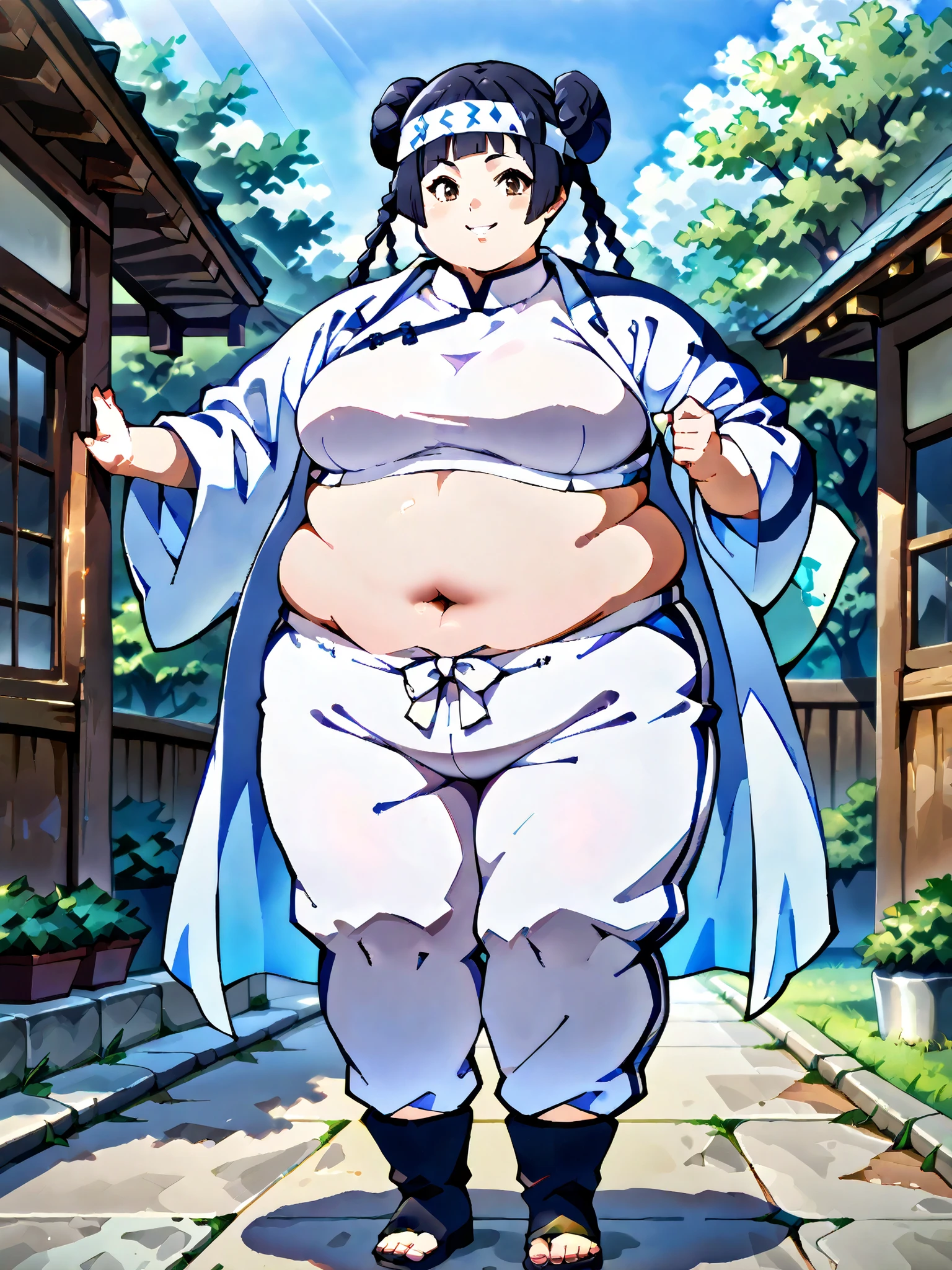 masterpiece, best quality, score_9, score_8_up, score_7_up, score_6_up, outdoors, 1girl, haylin, long hair, hime cut, twin braids, double bun, bangs, parted bangs, twin tails, black hair, brown eyes, female focus, solo, white jacket, white pants, headband, short hair, smile, black footwear, coat, crop top, midriff sarashi, sarashi, full body