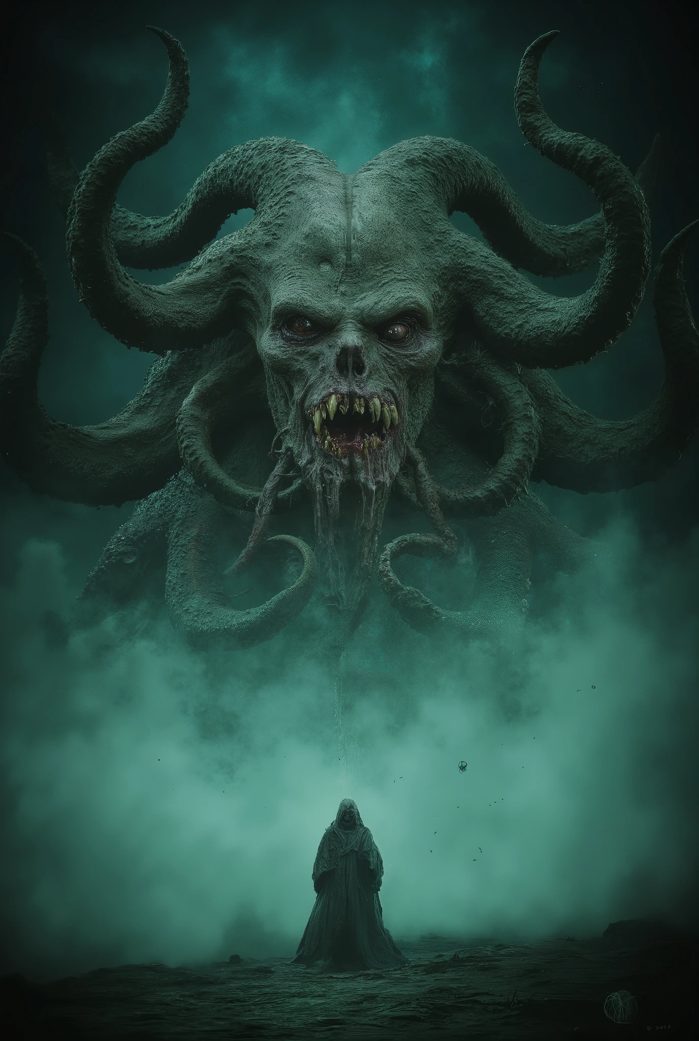 Eldritch entity, distorted face, tentacles coming out of the eyes and mouth, biomorphic body, darkness and fog background, high detail, masterpiece.