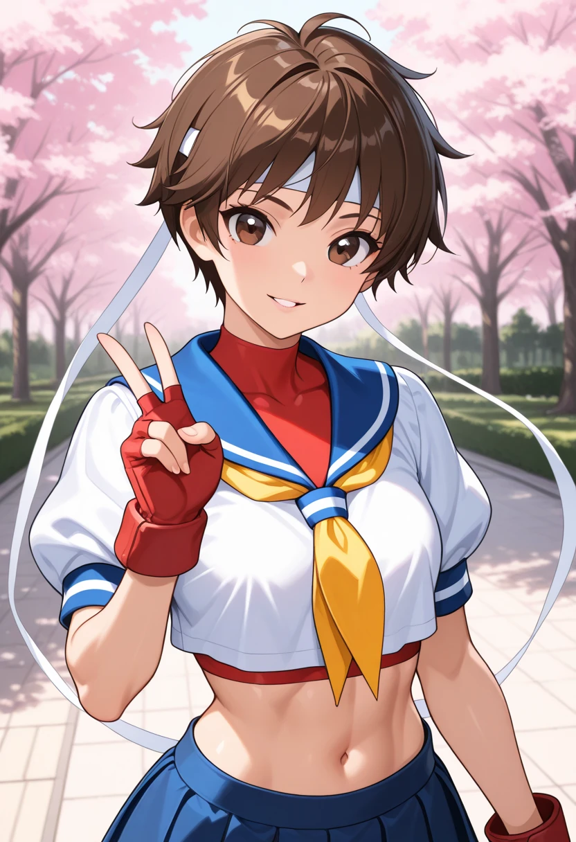 1GIRL SOLO, Sakura, Brown eyes, Brown hair, short hair, hits, He drowned, headband, , puffy sleeves, crop top, yellow scarf, blue skirt, Gloves without fingers, thighs thighs thighs, white socks, red shoes,finding stance, punching, finding,(Mesa, of the highest qualityの, of the highest quality, beautiful and aesthetic: 1.2), Very detailed, more detailed,proper body proportions,Mesa,Very high quality output image,high resolution,intricate details,very delicate and beautiful hair,realistic photos,dreamlike,Professional lighting,realistic shadow,Focus only,
Anime one、(happy smile)、(open the mouth)