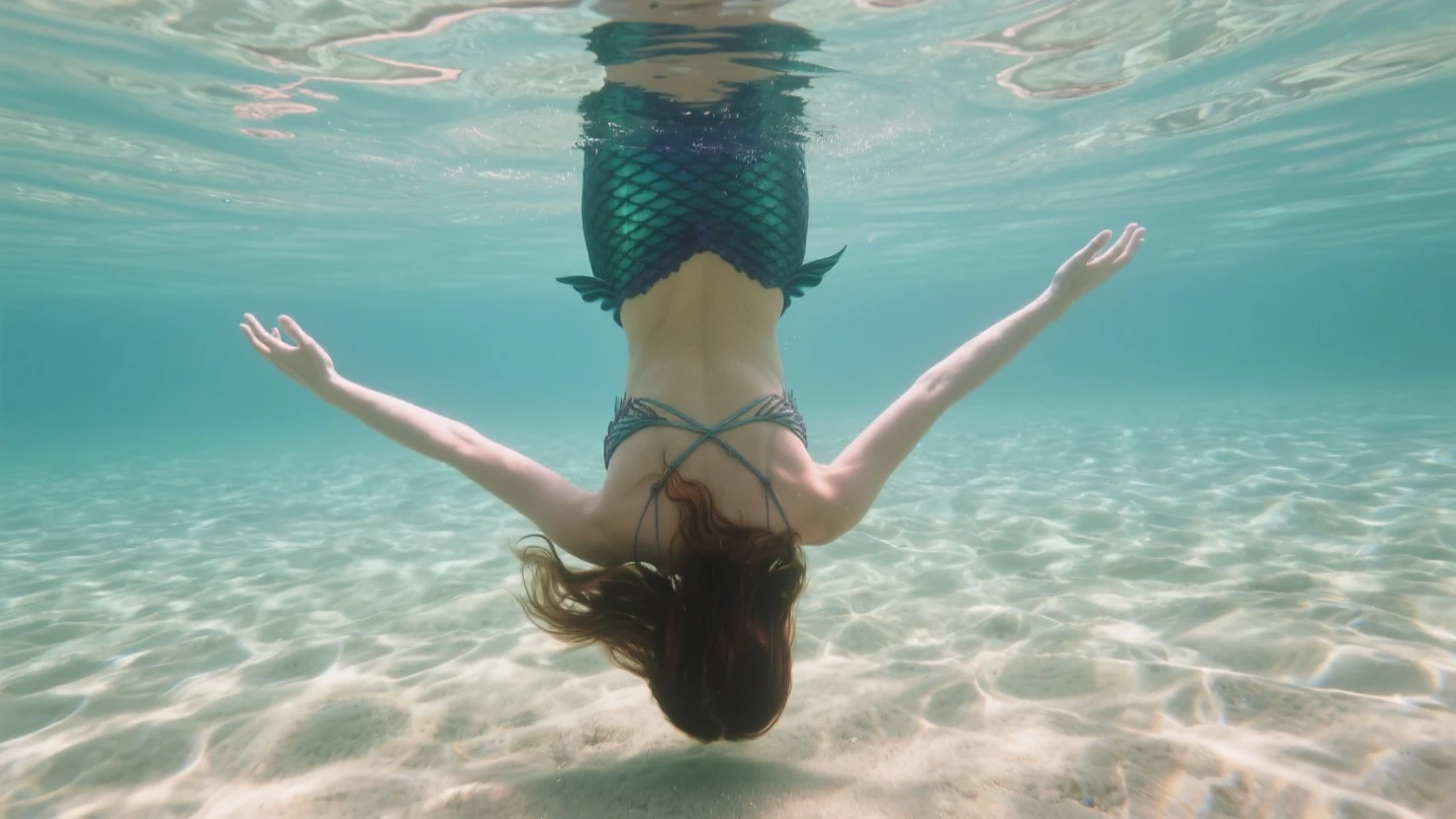 A young girl in a swimsuit swimming underwater, photo taken from behind the girl, butt, legs, feet, bubbles, stones, high quality, 8k, sparkling