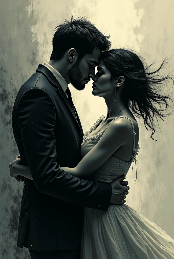 (photorealism:1.2), "A black and white, high-contrast close-up portrait of a man and a woman in an intimate and dramatic pose. The woman has flowing, wavy hair and her eyes are closed, conveying a sense of emotion and intensity. The man is leaning in close to her, his face partially in shadow, creating a mysterious and alluring atmosphere. The overall mood is dark, romantic, and filled with tension, with detailed shading and strong highlights to emphasize the contours of their faces and the texture of their hair."





