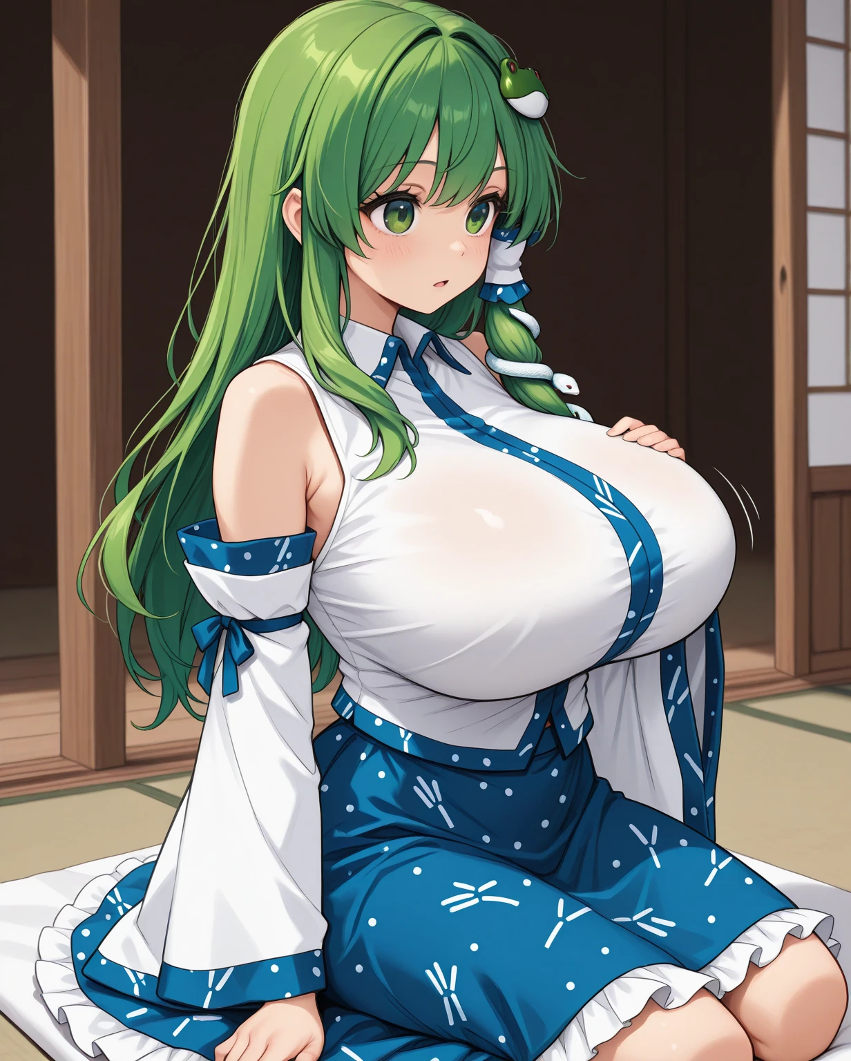 1girl, kochiya sanae, touhou //// masterpiece, best quality, very aesthetic, absurdres, newest, rating:nsfw ///// by nyantcha, cutesexyrobutts,by khyle ///// ///// green hair, green hair, hair ornament, shrine, he wears a snake-shaped hair accessory wrapped around her hair on one side, and a blue headband with a frog's head on it