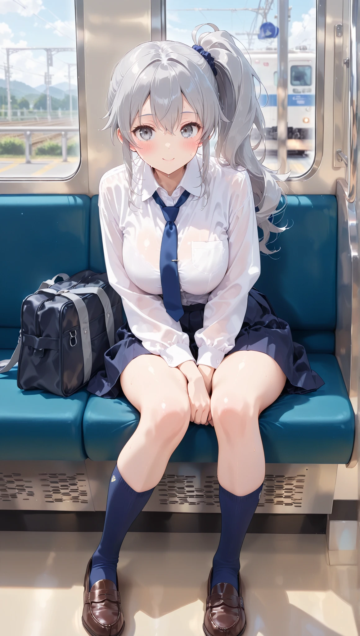 pieces fly、masterpiece、highest quality、Super detailed、High resolution、High resolution、8K portrait、Unity 8k壁紙のHigh resolutionCG、unity 8k wallpaper、cute type little:1.5、:1.5、Highly detailed CG unity 8k wallpaper、realistic、real person、cute type little、 portrait photography、shiny skin、High resolution、(16 years old:1.2)、(1 girl)、beautiful clear eyes、very detailed explanation、delicate face、nice lips、slender body、medium breasts thin waist、thin legs、(on the train:1.6)、1 girl, cute type, perfect face, seriously, (blush:1.5),(silver long hair:1.2),((there are many people nearby:1.4)),Middle milk is the same,((school uniform:1.2)),(((clothing lift:1.5))), (((I have nipples))), Detailed description vagina,show vagina,spread legs,spread ,((Orgasm in the vagina:1.5))