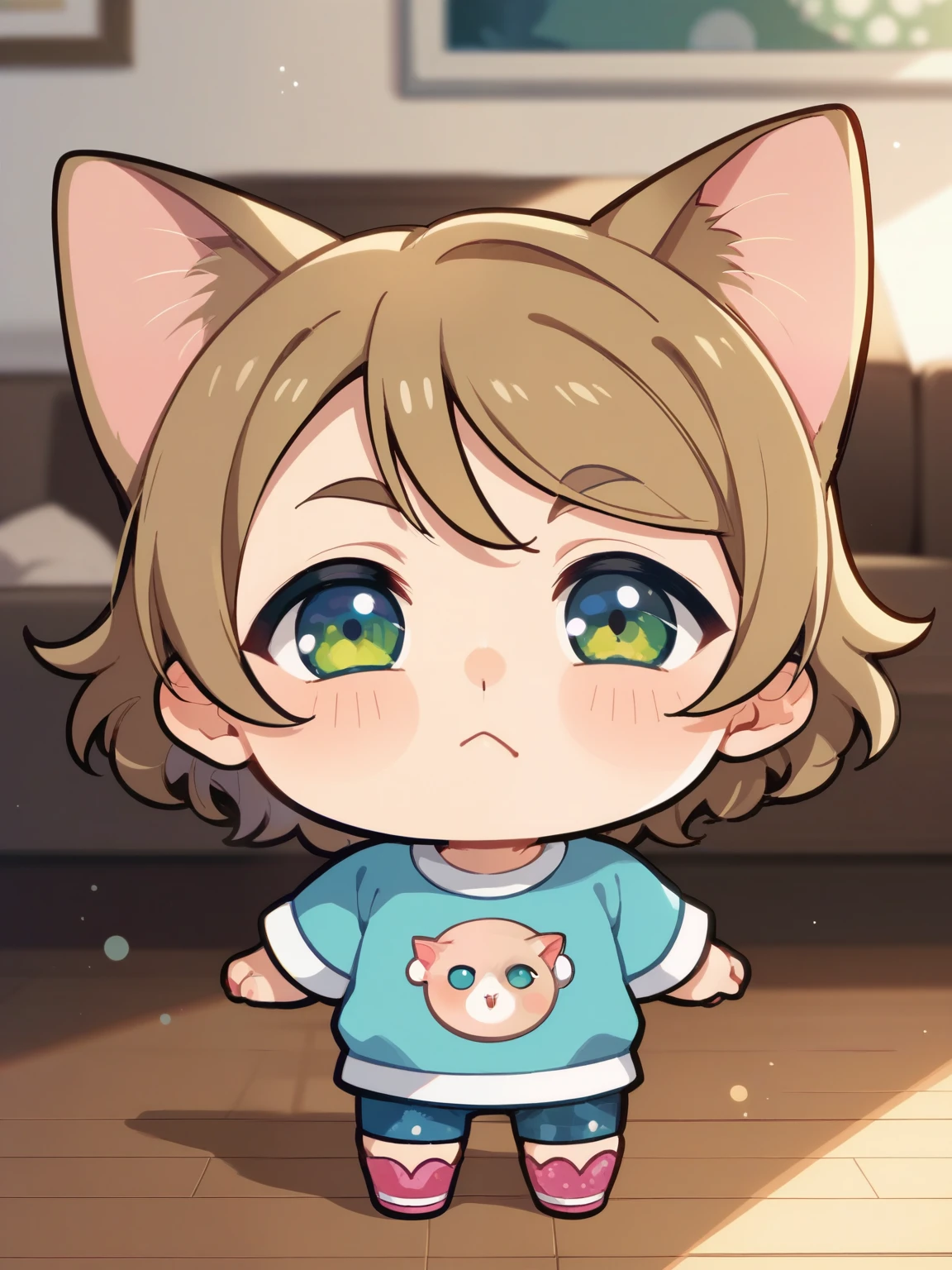 score_9, score_8_up, score_7_up, score_6_up, Source_Anime, nsfw，( chibi:1.5)，a young little kindergarten girl，baby-like face， big head，round face，skinny:1.ung ，Create a graceful Siamese cat, walks around the living room looking bored ， love live style，glitter，fisheye lens，