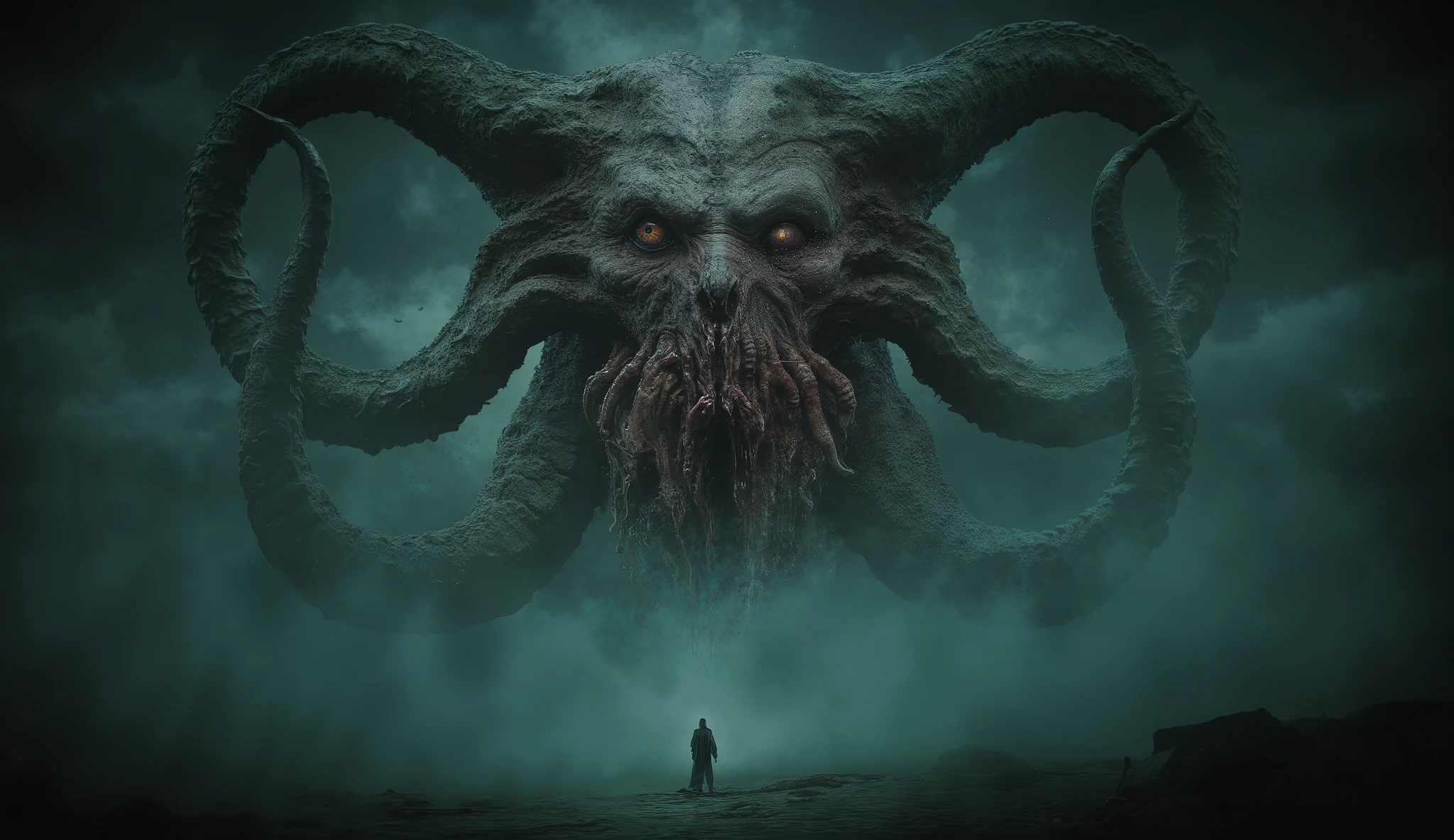Eldritch entity, distorted face, tentacles coming out of the eyes and mouth, biomorphic body, darkness and fog background, high detail, masterpiece.