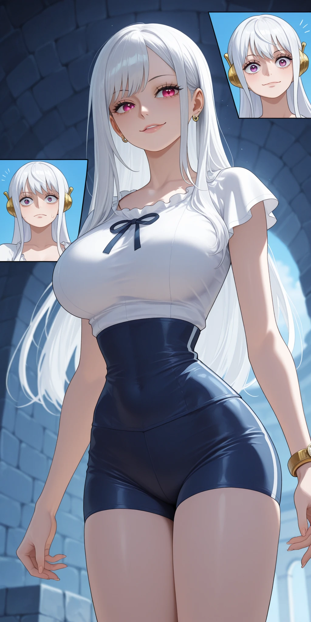 (8k, RAW photos, top quality, masterpiece: 1.2), (realistic, photorealistic: 1.37), (High Quality), (Ultra realistic), (High Details), (Face detail), (Shadow Detail), (big breast), Mature female, 1 girl, solo, green eyes, White hair, two tails, white eyebrow, Pink Lips, Extreamly Face Detailed, yellow dress, White stocking, Frieren