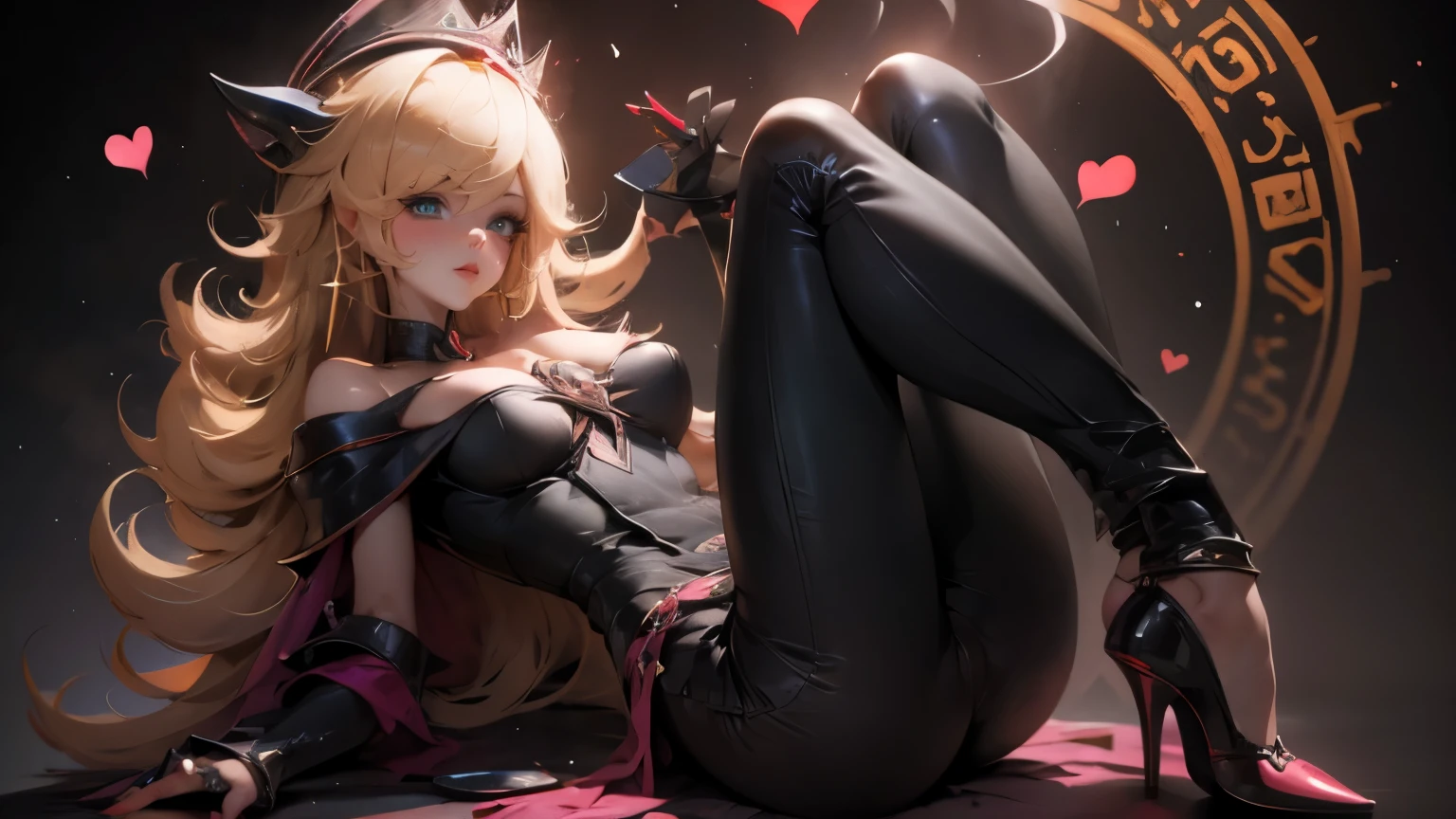 blonde blue eyes、long mink cloak、Queen、queen、20s、Long blonde、Bunny girl、Black bunny suit、Rabbit ears on the head、fishnet stockings on legs、stiletto heels、evil female magician、commander of evil