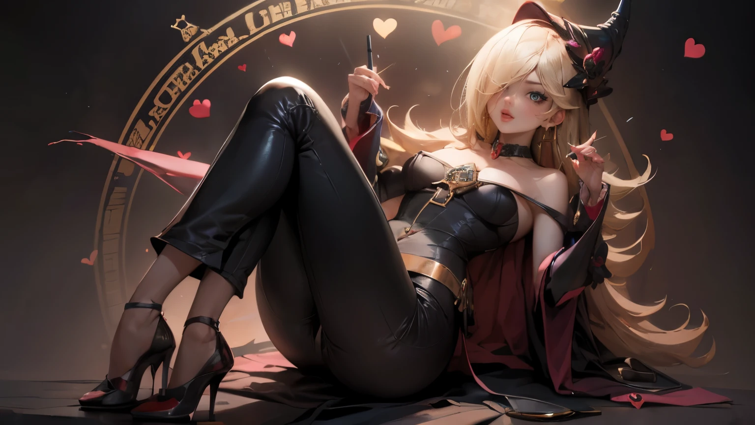Distorted fantasy letters, (Letters in the background), symmetric, (Gold bars ), diamonds, Charlie Morningstar, long hair, red costume, red pants, 1 girl, yellow sclera, blonde hair, White skin, perfect anatomy, smiling, is sitting, The head is turned towards the viewer