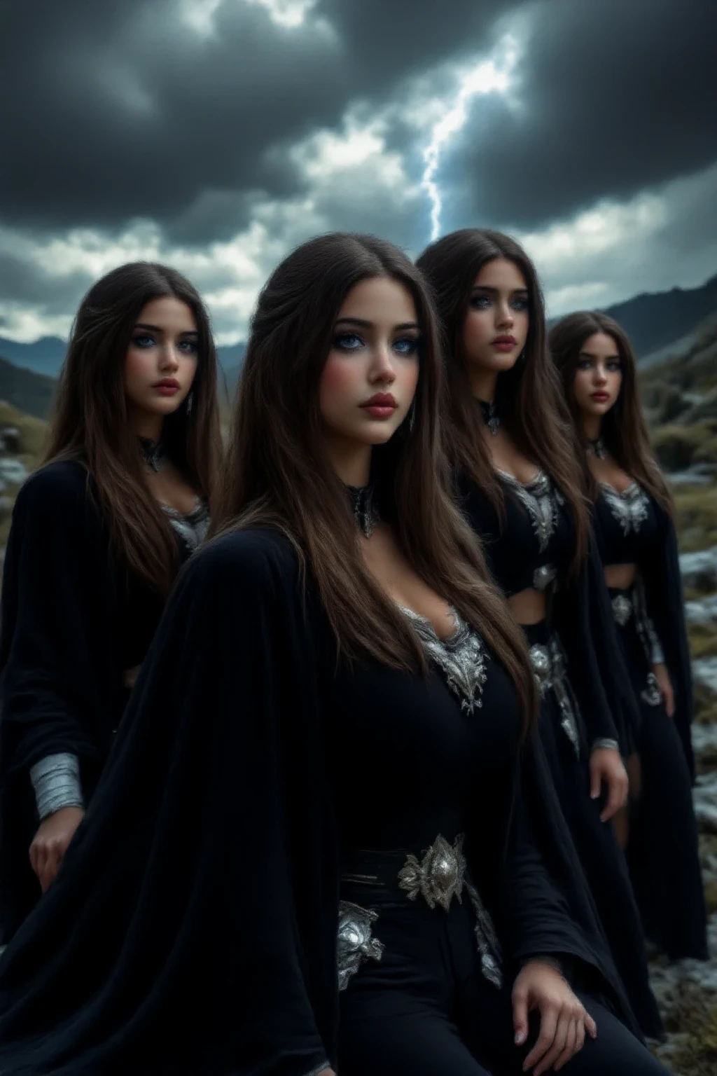 three sisters, one older sister, teenagers twins sisters, detaleid face, extreme long hair, killers, bandit, using chains, knifes, snake, confiant, sexy, lesbians, curvy, realistic, in darkness castle n full body