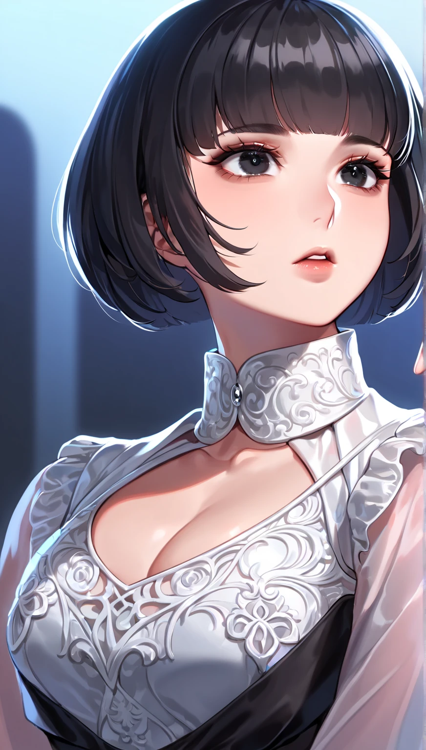 1girl, solo, breasts, looking_at_viewer, short_hair, bangs, blue_eyes, black_hair, photoshop_(medium), dress, cleavage, medium_breasts, bare_shoulders, hair_between_eyes, jewelry, closed_mouth, upper_body, sleeveless, artist_name, white_dress, lips, clothing_cutout, eyelashes, makeup, sleeveless_dress, chinese_clothes, cleavage_cutout, lipstick, portrait, red_lips