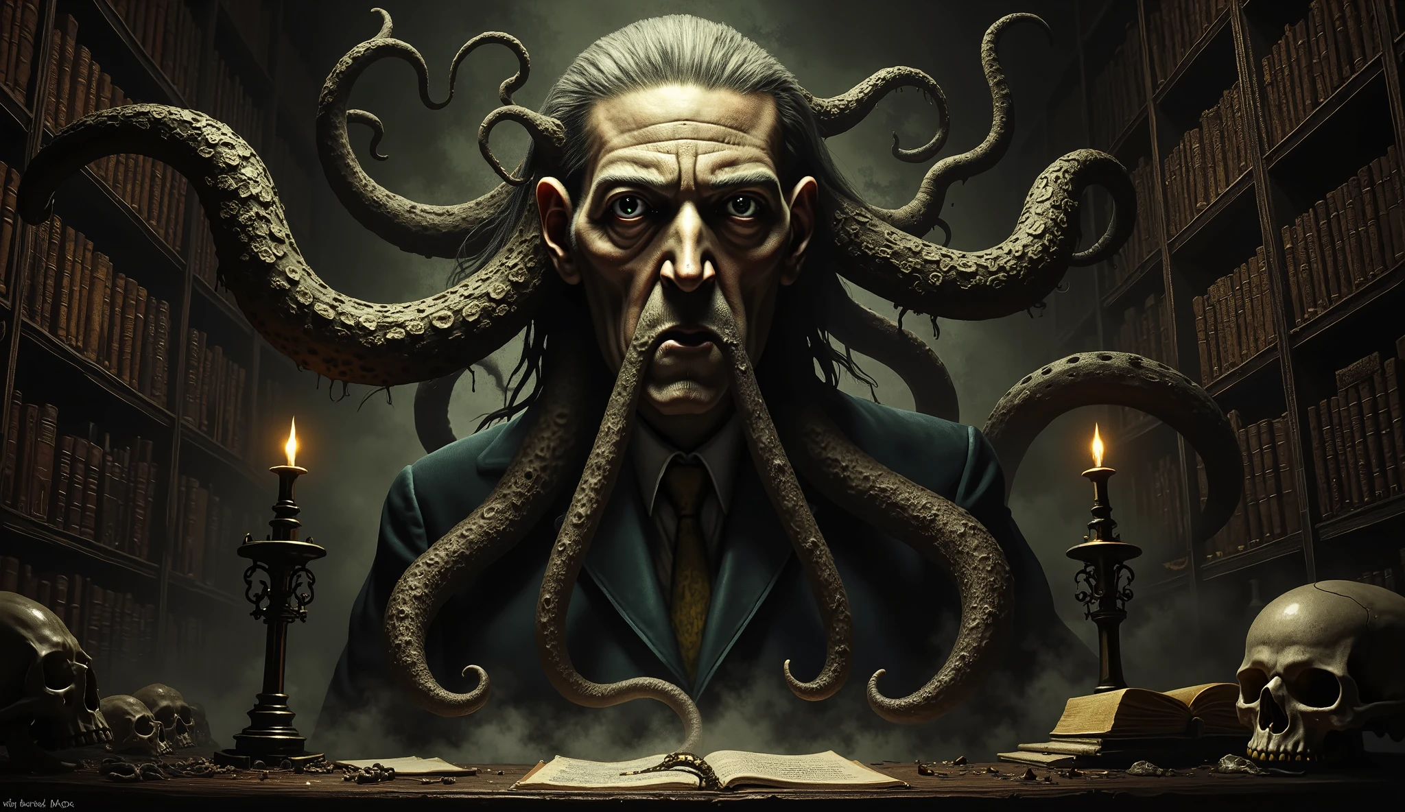 H.P. Lovecraft, portrait, tentacles, skulls, Lovecraftian horror, library study background, dark surrealism, high detail, masterpiece.