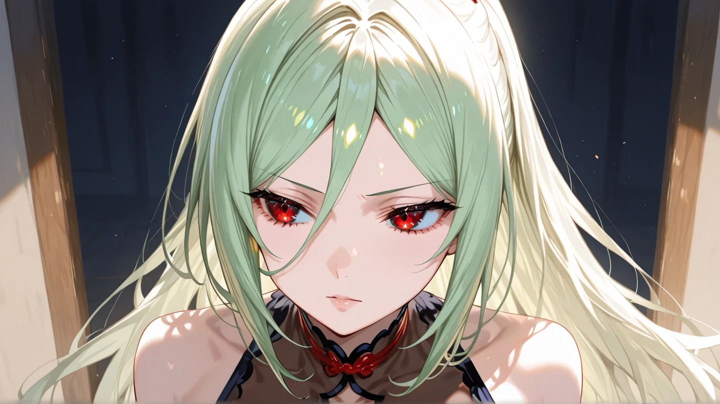 score_9, score_8_up, score_7_up, score_6_up, score_5_up, 1girl, solo, green hair, straight hair, long hair, red eyes, glowing eyes, sultry eyes, juicy lips, plump lips, glossy lips, soft blush, dolly face, eyelashes, natural eyebrows, eyeliner, large breasts, pale skin, black choker, earrings, black lingerie, bedroom background, cinematic lightning, very detailed clothes, very detailed face, very detailed eyes, very detailed hair, ultra, best quality, masterpiece, looking at viewer, in love with the viewer, soles, ((five toes)), standing. 