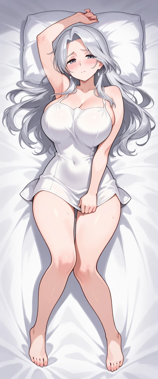 light skin color, white hair color long hair, Bigchest, 1:70,Lie down,Full body photo,slender figure big,sexy for,the shy,Nero,White wings, angelicales蹲着, Overhead halo, yellow eyes, sexy for姿势, angelicales, angelicales标记,hyper HD, White hair, eBlue eyes.