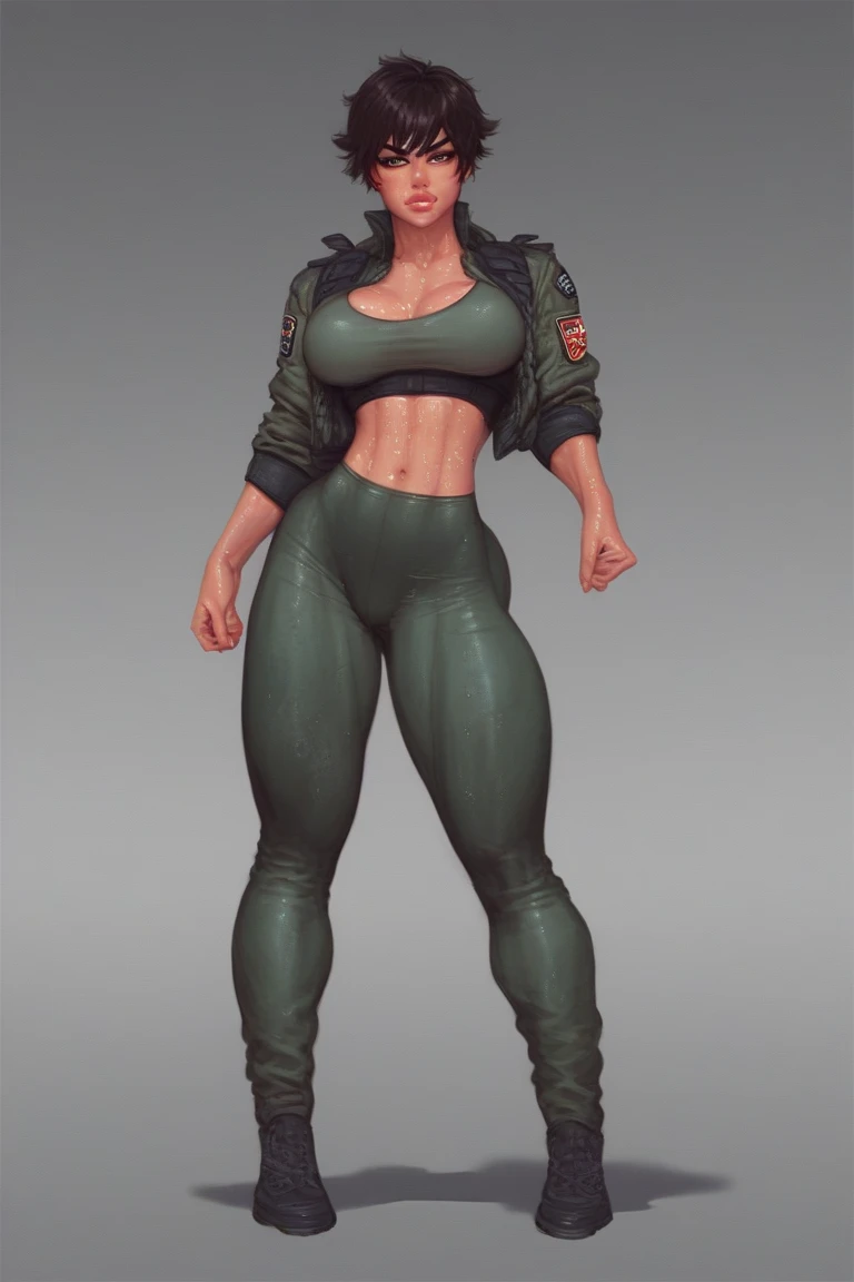 Young woman 20 years old, 1,70 m with 65 kg, athletic body fitness with combat training, fair brown-skinned, eyes browns, robust and defined bone structure with well-developed muscles in the legs and back, short black hair, Smooth and thick, wearing combat uniform with green tights, being seen from the front, (fully body), no backdrop