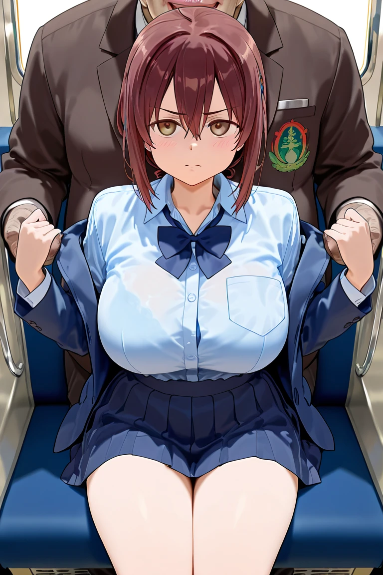 (POV from above), (Best quality: 1.5), (masterpiece: 1.5), (2.5D), (good definition), (detailed face), (well-drawn face), (vivid colors), (1 character), (exaggerated proportions), (), (perfect anatomy), (character in the center), (absurd), (4k wallpaper), (detailed eyes), (perfect hands), (perfect fingers), (beautiful skin ), (shiny skin), (perfect shadows), (perfect lighting), (full body), (beautiful eyes), (masterpiece), (voluptuous body), (pretty face), young girl, dark brown hair, hair long straight with bangs, red eyes, wears (school uniform) with thigh-high stockings, flirtatious and lustfupression, huge breasts, hghs, huge butt, voluptuous , good proportions, is walking down the street and a boy with a huge penis hugs her