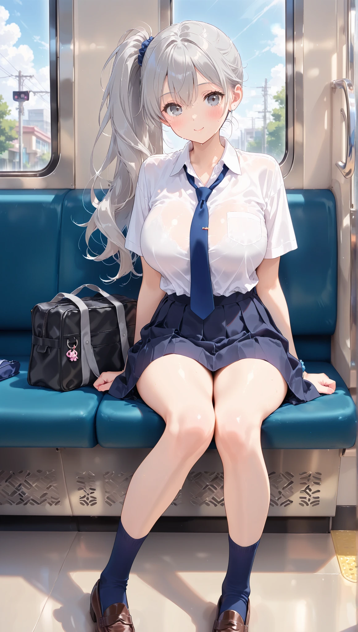 pieces fly、masterpiece、highest quality、Super detailed、High resolution、High resolution、8K portrait、Unity 8k壁紙のHigh resolutionCG、unity 8k wallpaper、cute type little:1.5、:1.5、Highly detailed CG unity 8k wallpaper、realistic、real person、cute type little、 portrait photography、shiny skin、High resolution、(16 years old:1.2)、(1 girl)、beautiful clear eyes、very detailed explanation、delicate face、nice lips、slender body、Middle milk is the same thin waist、thin legs、(on the train:1.6)、1 girl, cute type, perfect face, seriously, (blush:1.5),(silver long hair:1.2),((there are many people nearby:1.4)),Middle milk is the same,((school uniform:1.2)),(((clothing lift:1.5))), (((I have nipples))), Detailed description vagina,show vagina,spread legs,spread ,((Orgasm in the vagina:1.5))