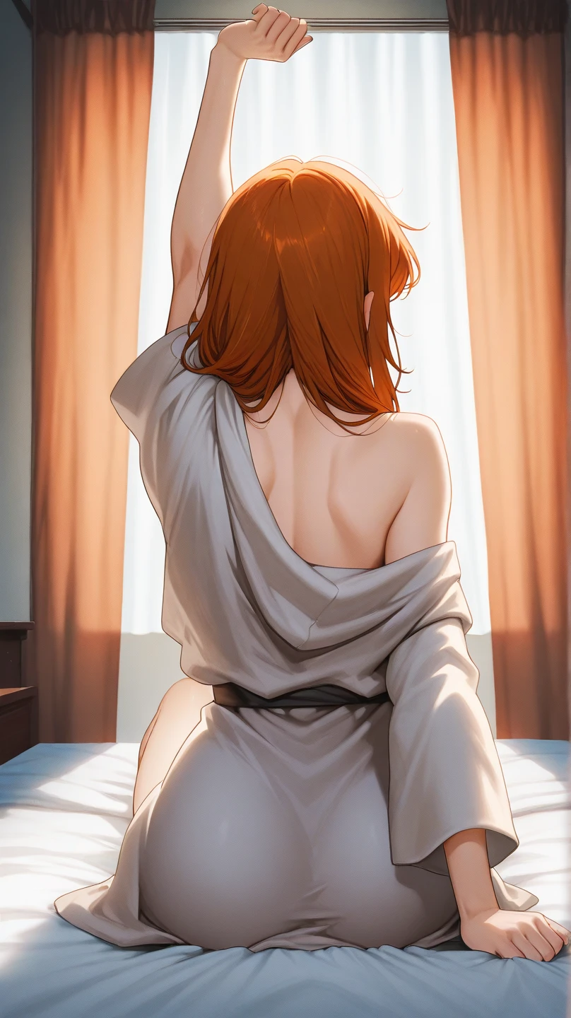 (masterpiece, best quality:1.4), cinematic light, colorful, high contrast, (1girl), nami, onepieceanime, ((large breasts)), orange hair, long hair, night, bath, bathing, nude, desnudo, ass, back, head back, from back, back_woman