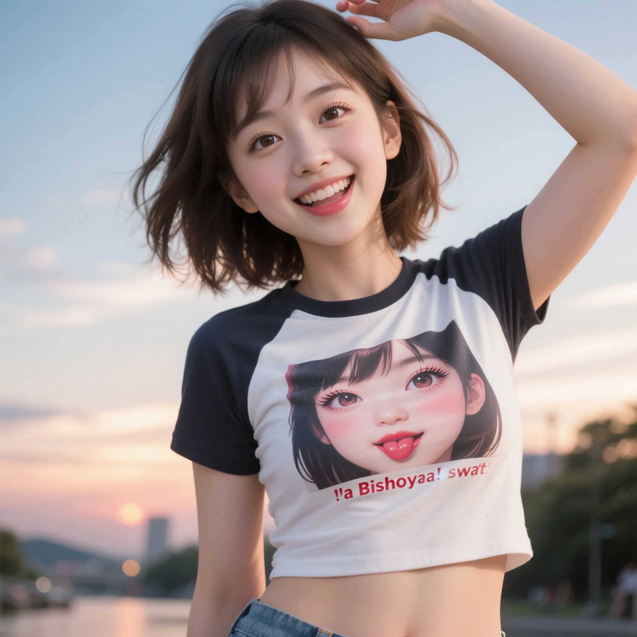 cute japanese girl,smile,mini skirt,crawl on all fours,masterpiece, best quality, ultra high res, (photo realistic:1.4), 1girl, munechira, ((neck loose t-shirts)), leaning forward, nipples, from above, looking away, fullbody shot,