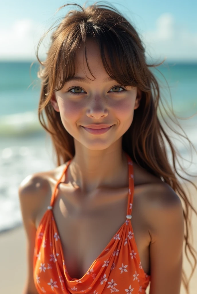 A brunette girl with curly hair wearing a bikini laying on her back, spreading her legs