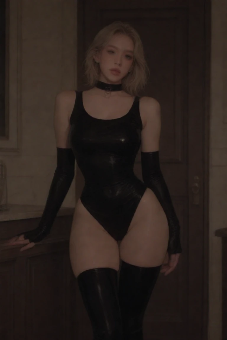 (photoRealstic:1.4)、(A hyper-realistic:1.4)、(realisitic:1.3)、(gentle lighting:1.05)、(Improved Cinematic Lighting:0.9)、32 k、(a blond:0.9)1 girl in、photorealistic lighting、Back lighting、raytrace、(Image Enhancement:1.4)、(best quality real skins:1.4)、(Beauty of Skin Texture: 1.1)、(Japanese people:1.2)、(housemaid latex suit 1.5)、Shoulder Out、Underarms、Black latex gloves、(a plump body:1.4)、Curvaceous Body, grey background, 1080p resolution