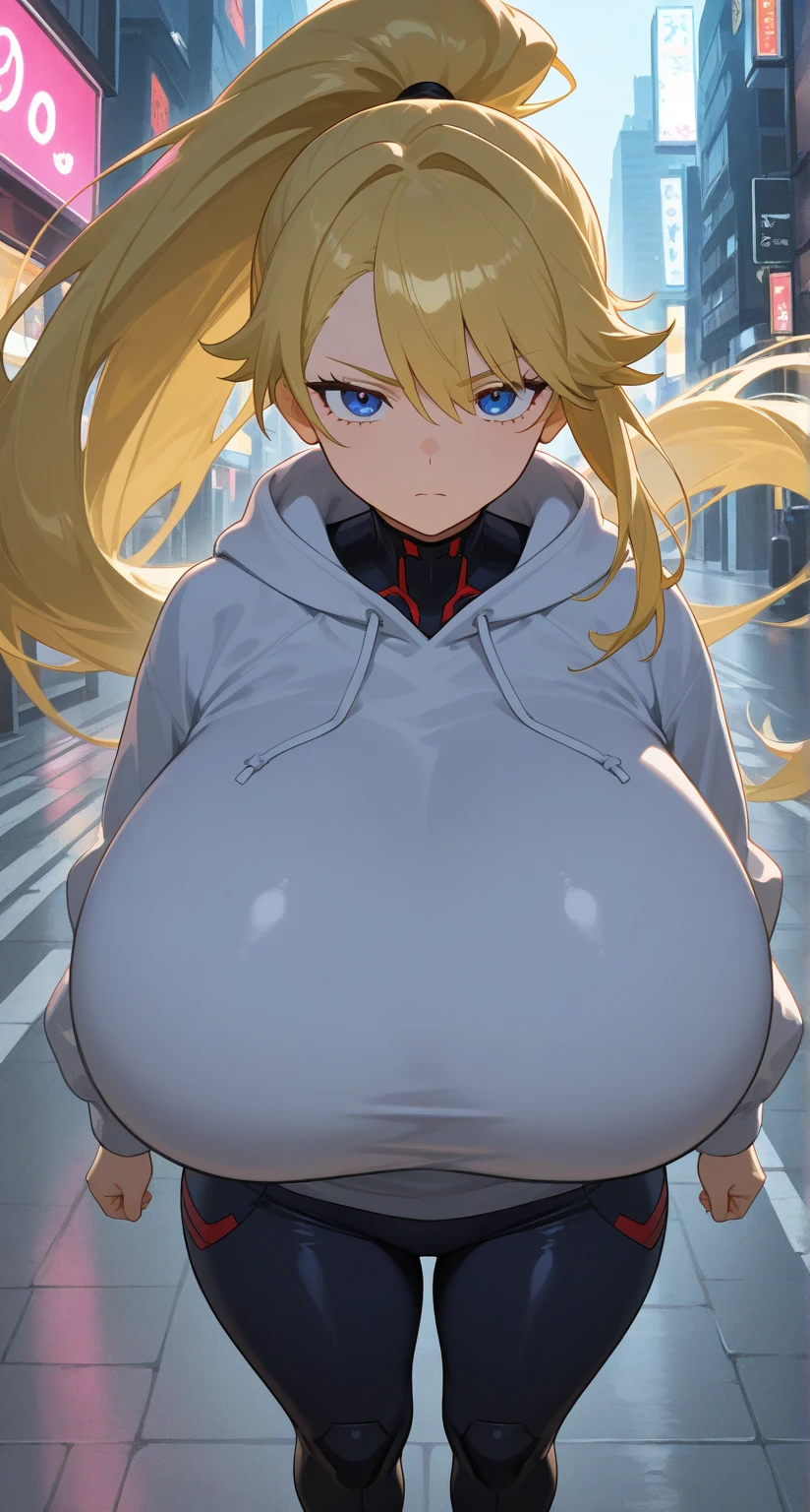 frown sad (((muscular girl toned body massive breasts))) yellow eyes hair between eyes pale skin